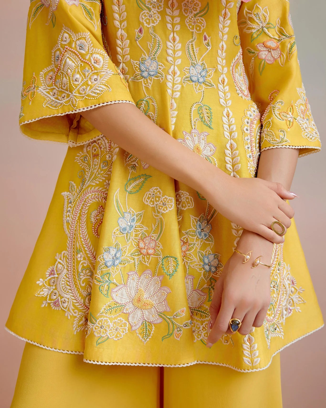 Yellow Contrast Embroidered Flared Short Kurta With Sharara Pants