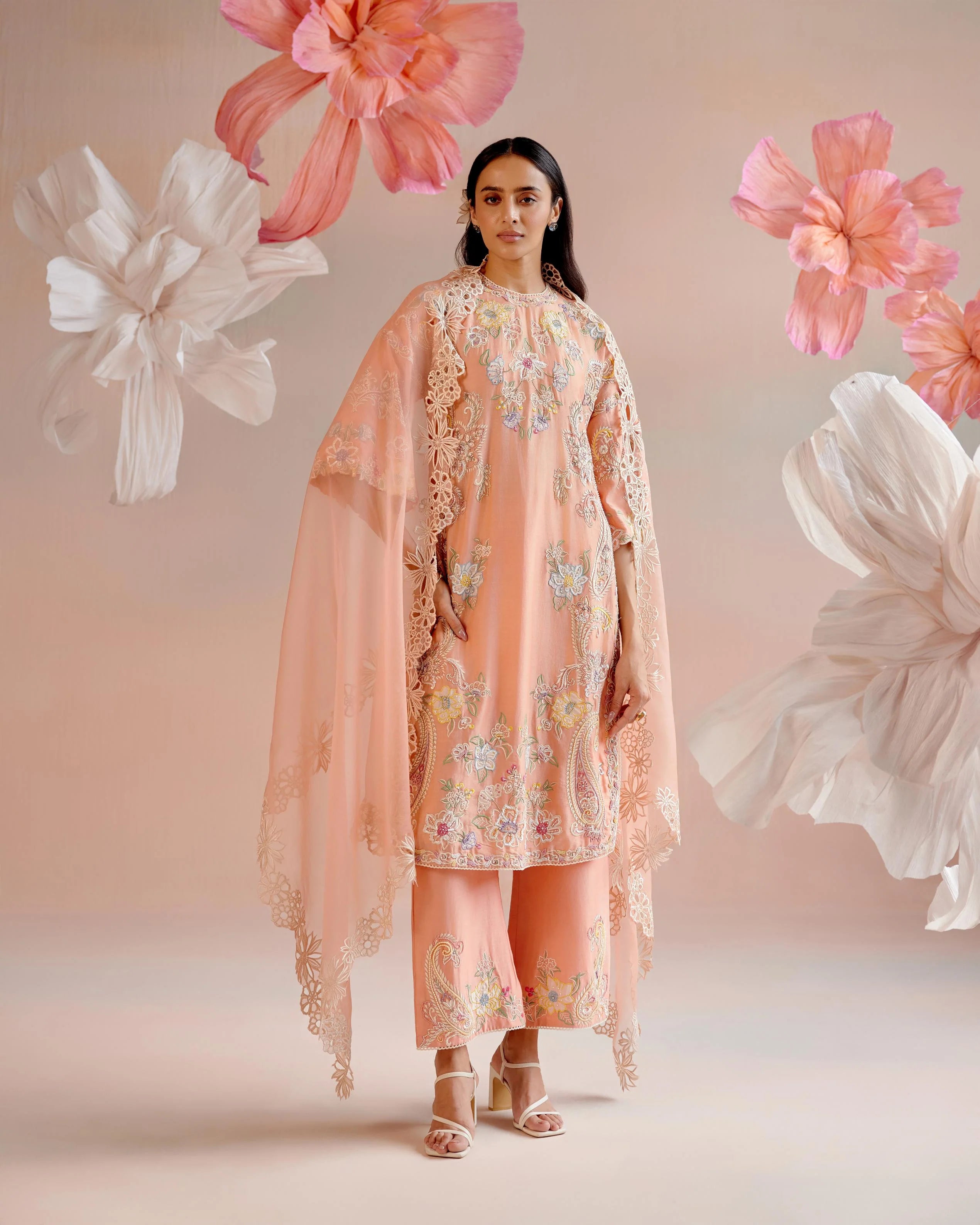 Apricot Contrast Embroidered Kurta With Pants