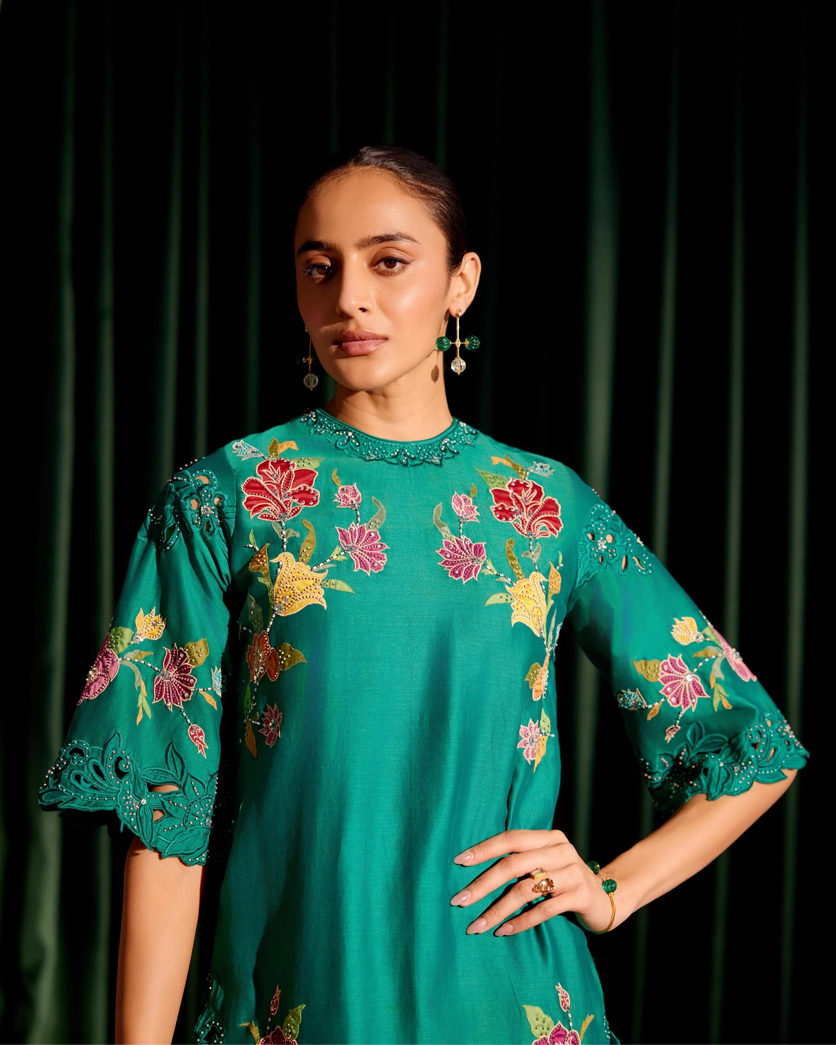 Emerald Green Applique And Beadwork Kurta With Tonal Cutwork Pants