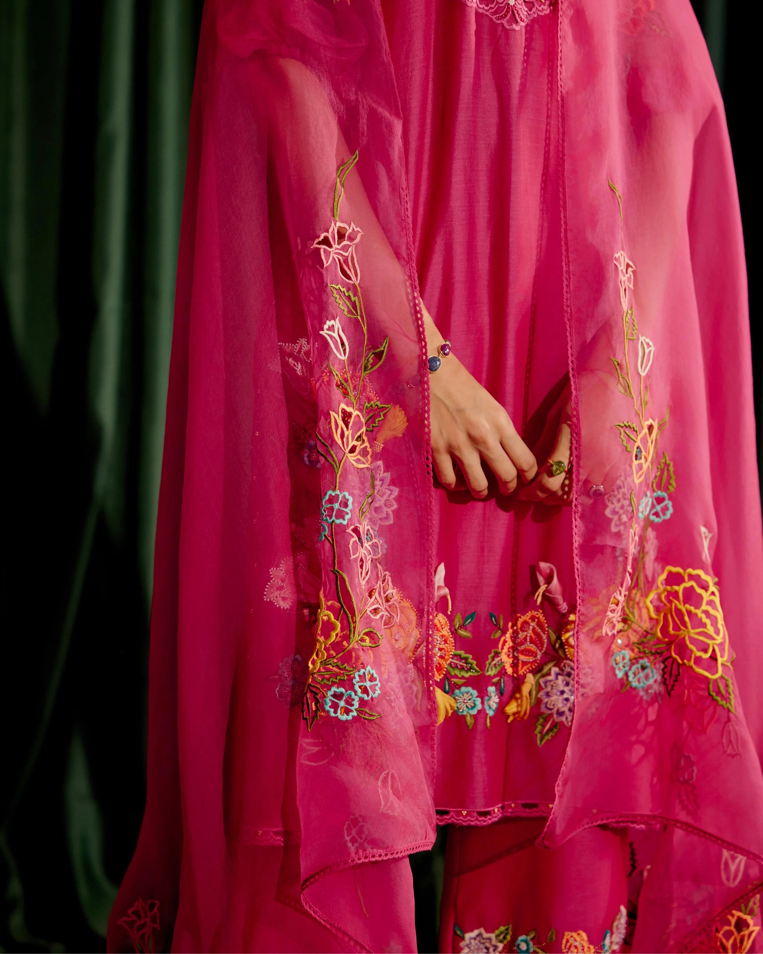 Fuchsia Floral Cutwork Dupatta