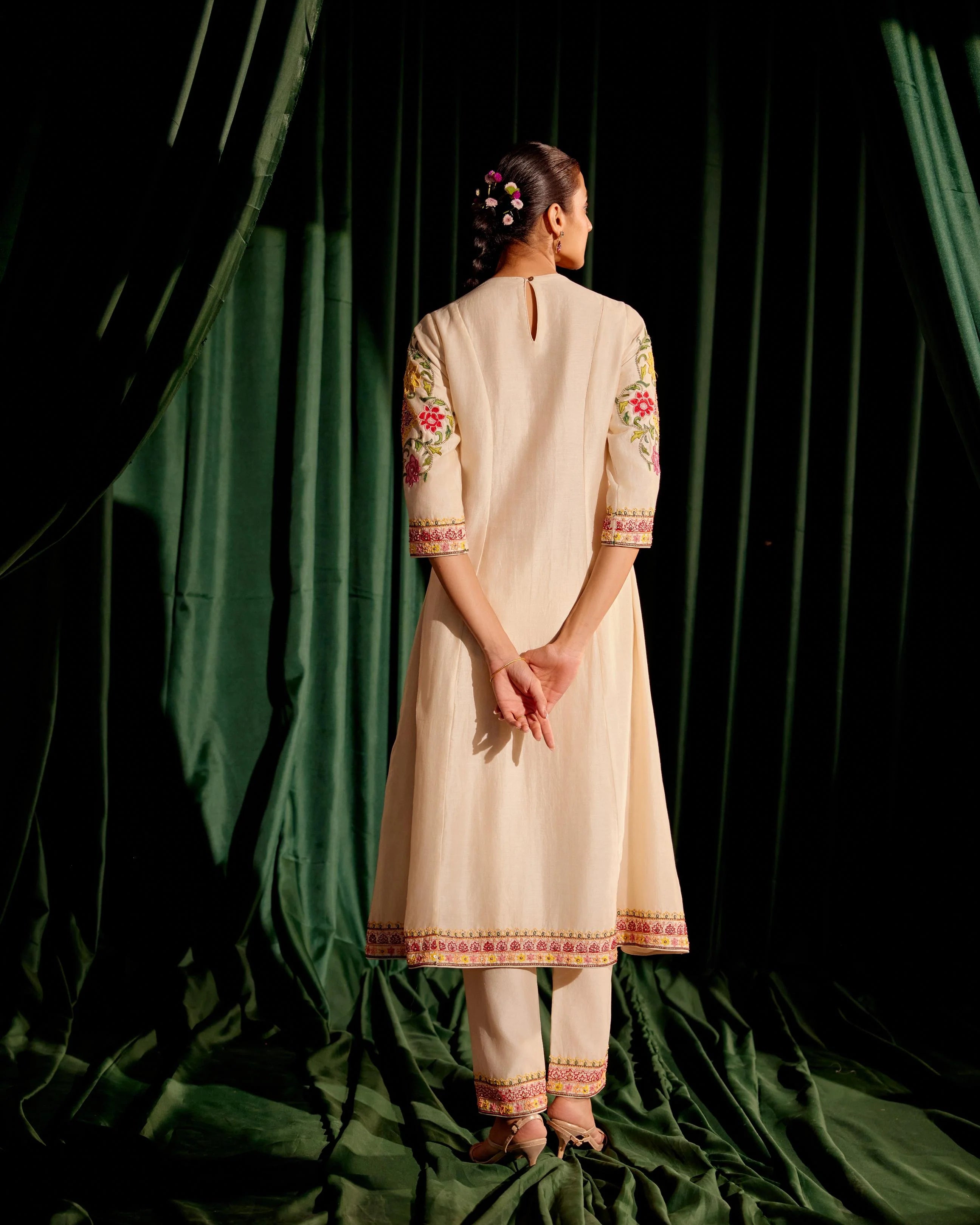 Ivory Cordwork And Beadwork Flared Kurta With Embroidered Narrow Pants