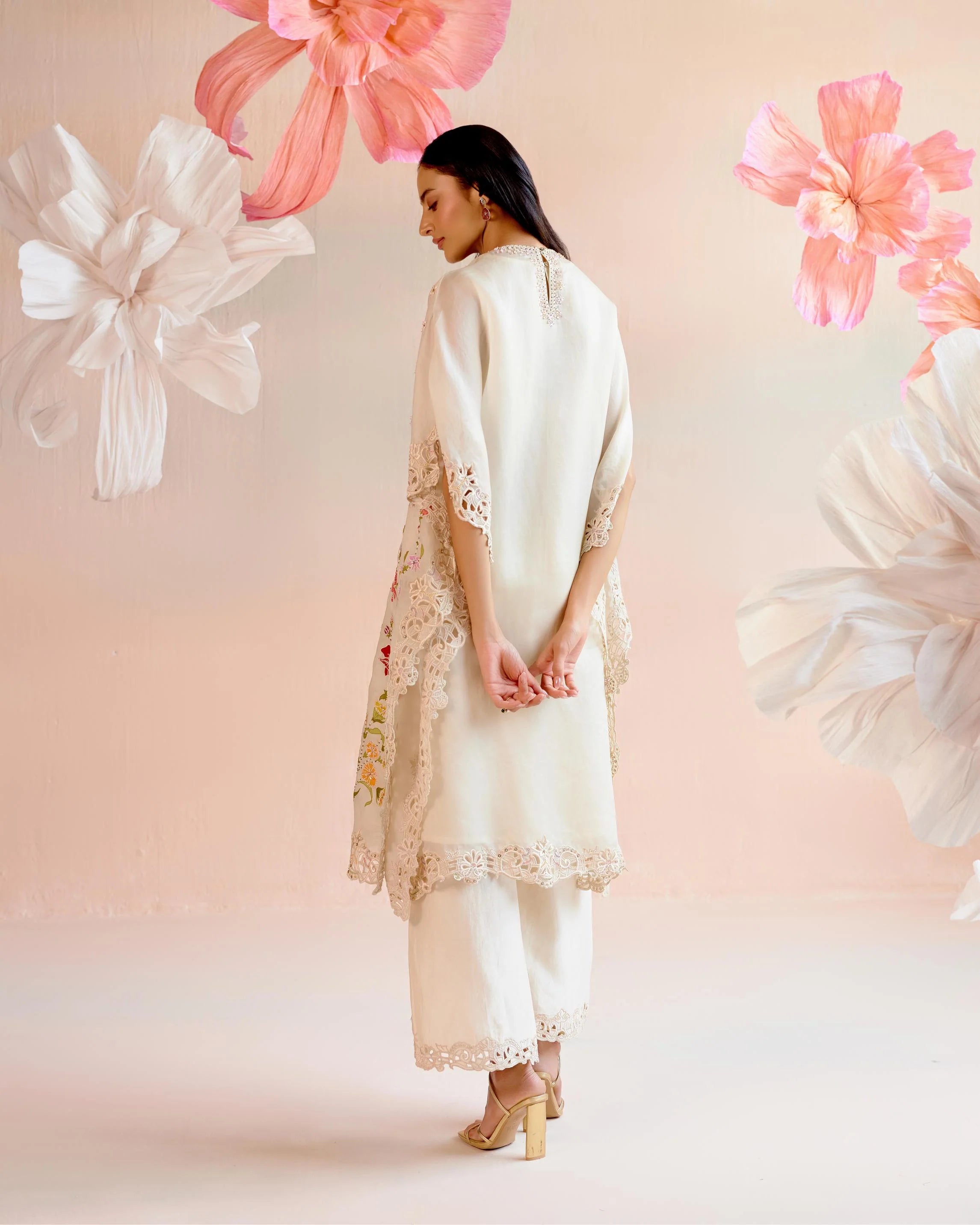 Ivory Floral Applique And Beadwork Kaftan Set
