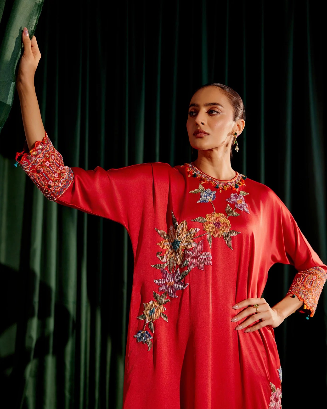 Red Floral Beadwork Kimono Kurta With Narrow Pants