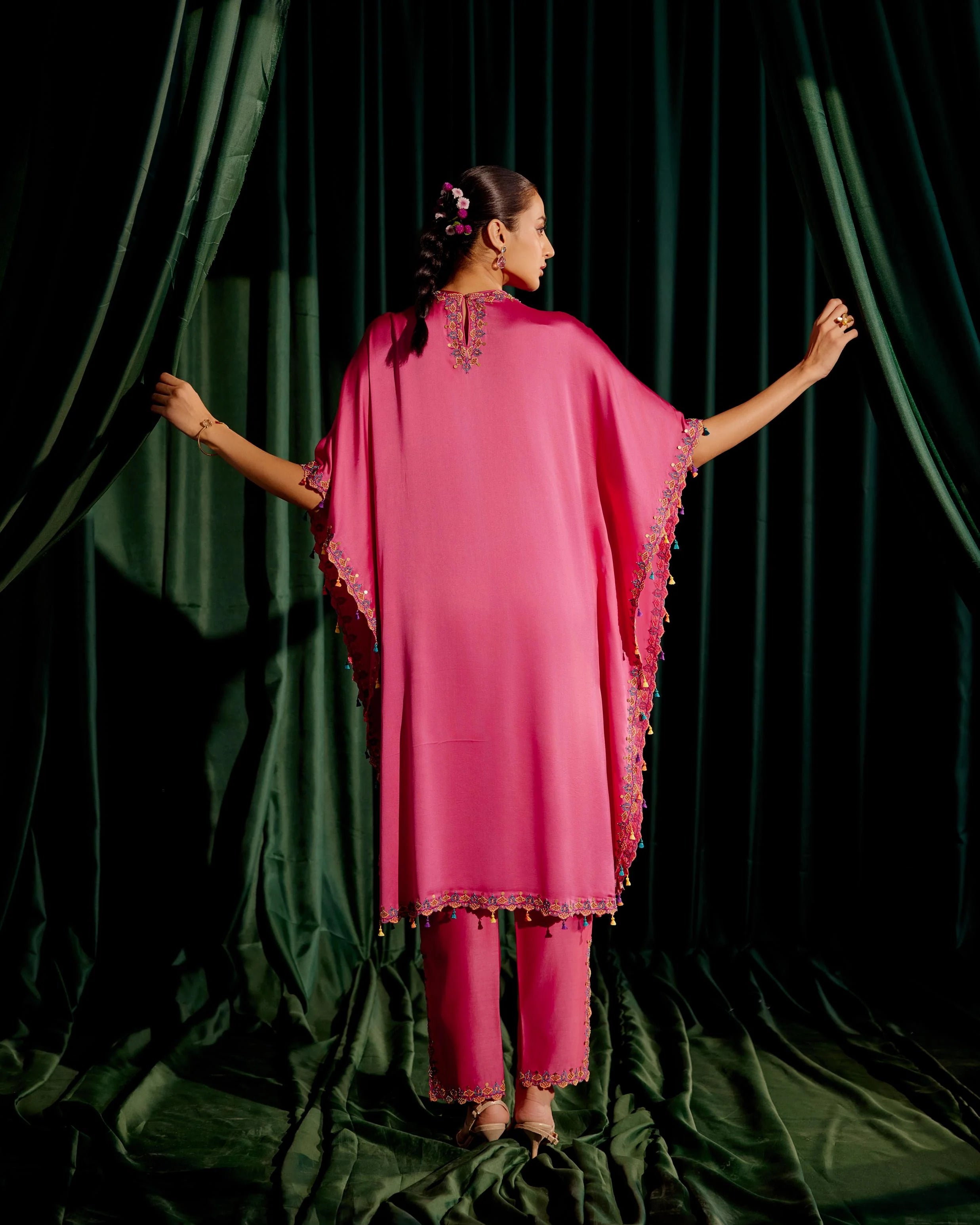 Fuchsia Floral Beadwork Kaftan With Embroidered Pants