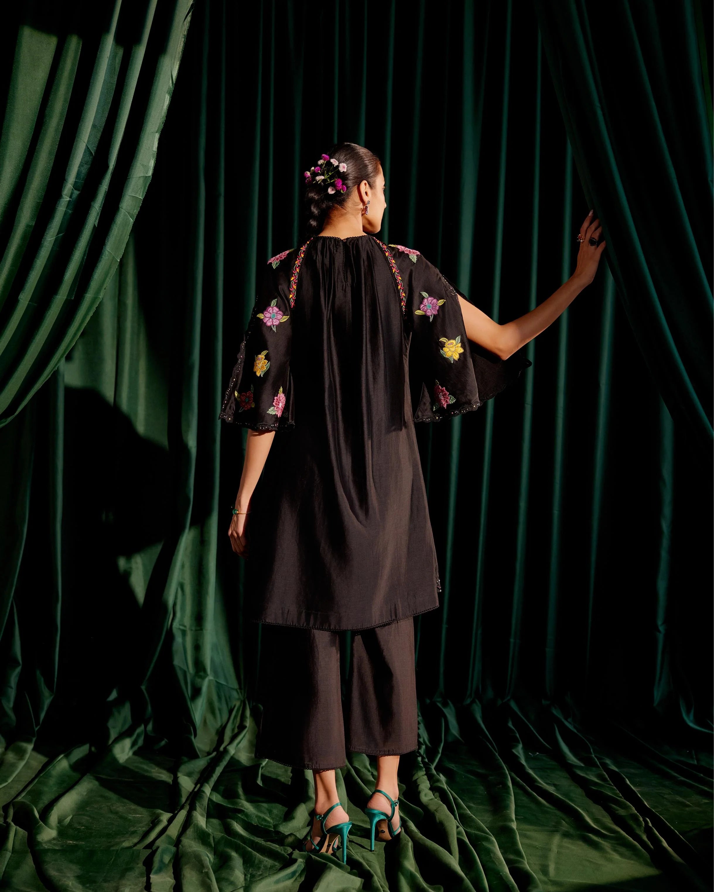Black Floral Beadwork Gathered Kurta With Sheer Applique Pants