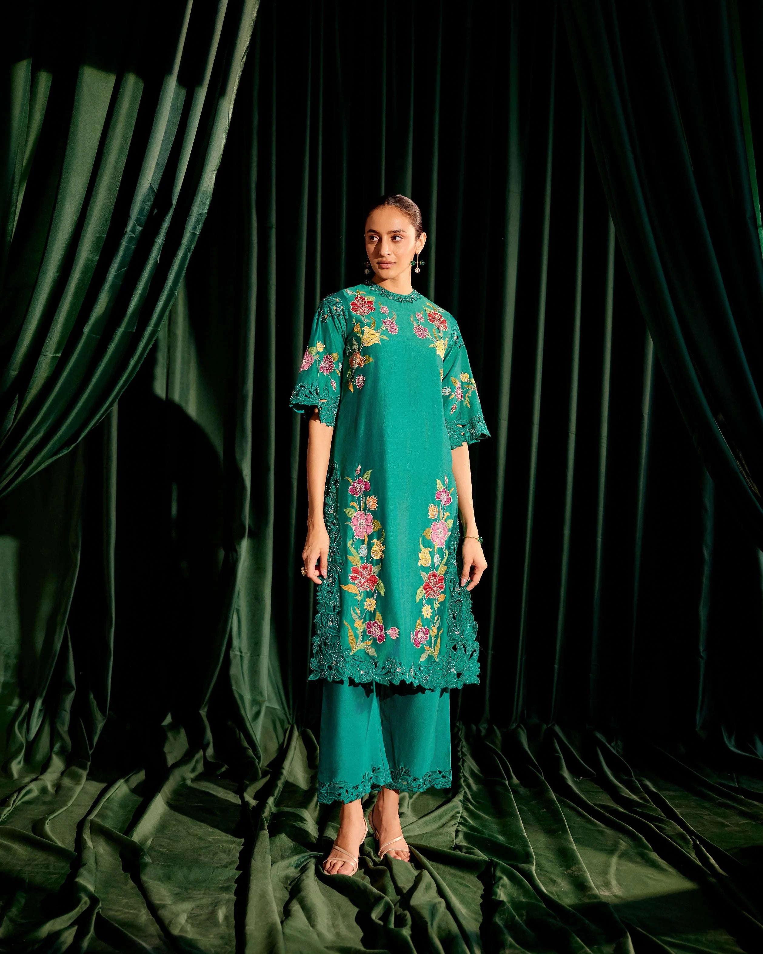 Emerald Green Applique And Beadwork Kurta With Tonal Cutwork Pants