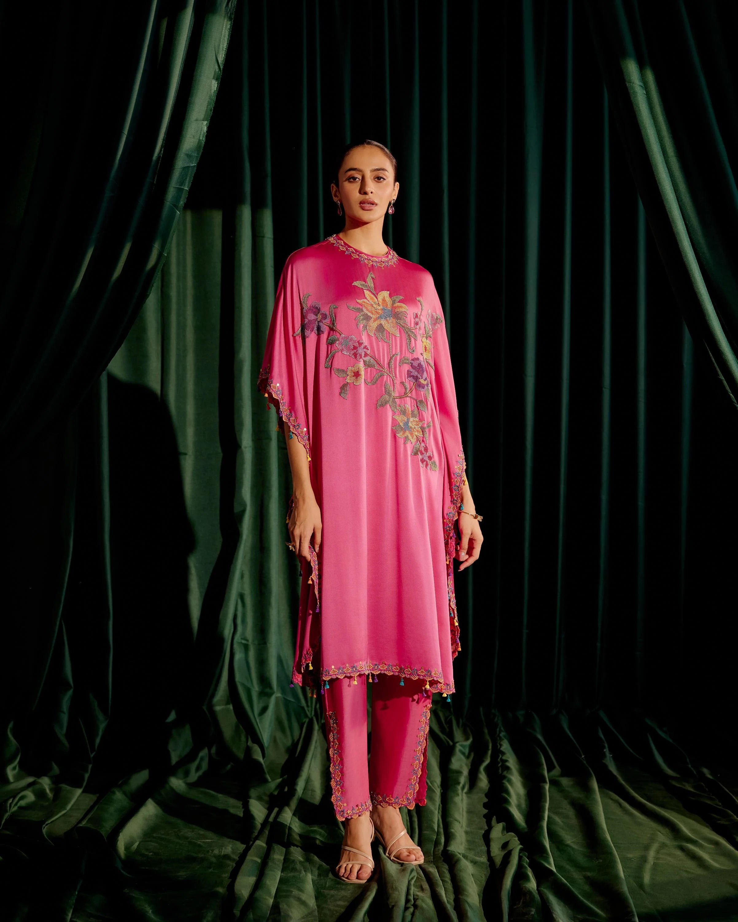 Fuchsia Floral Beadwork Kaftan With Embroidered Pants