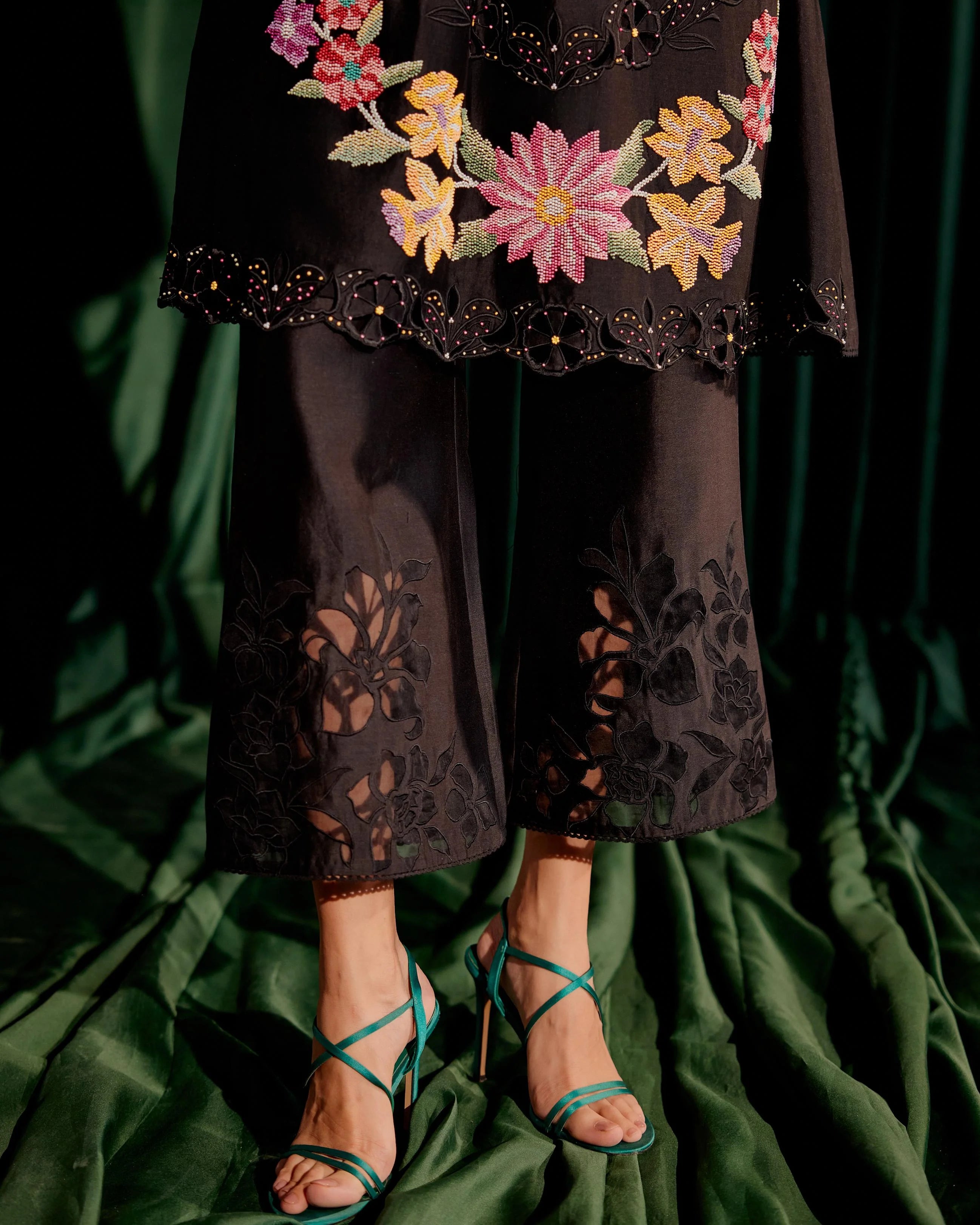 Black Floral Beadwork Gathered Kurta With Sheer Applique Pants