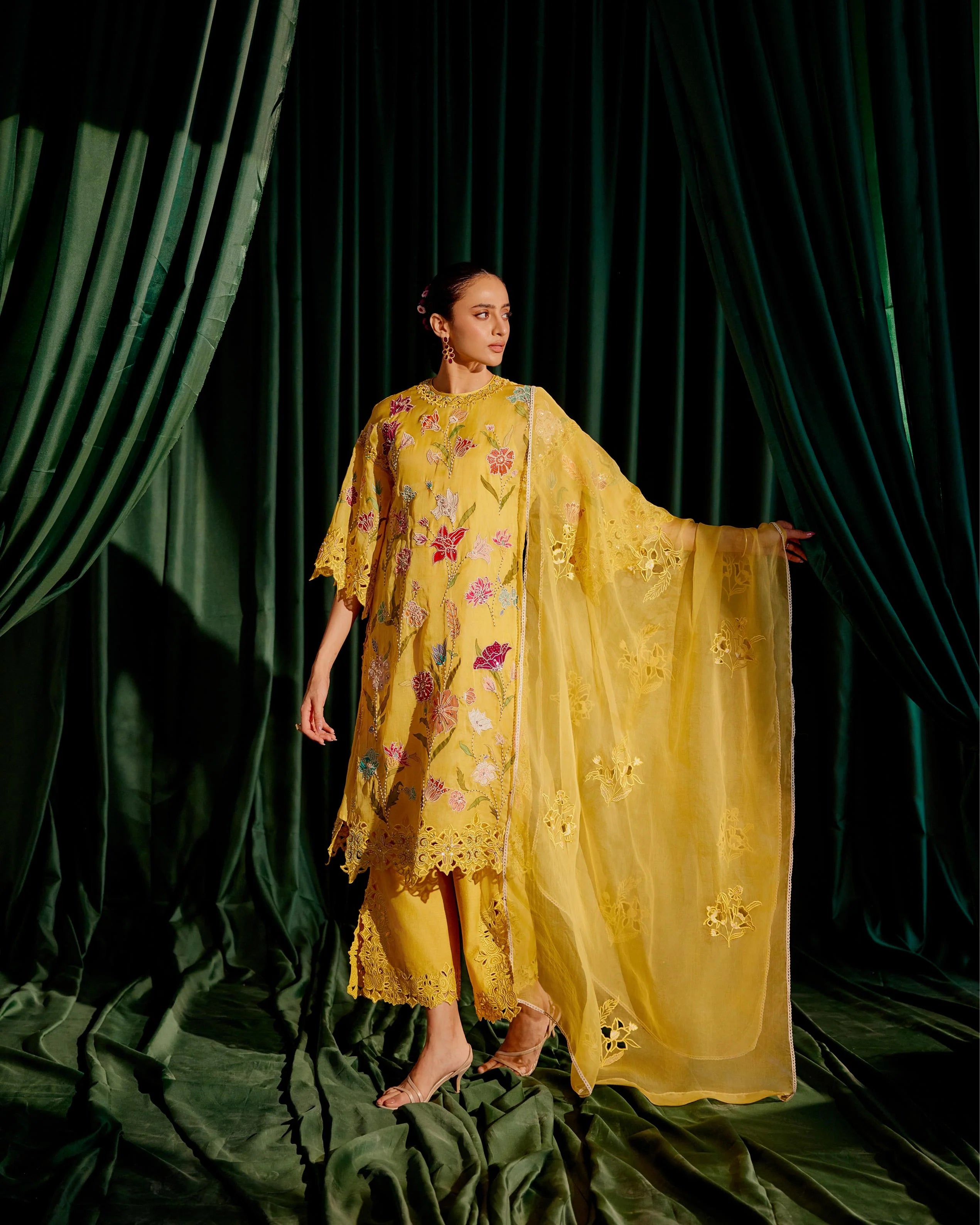 Yellow Floral Applique And Beadwork Kurta With Cutwork Pants