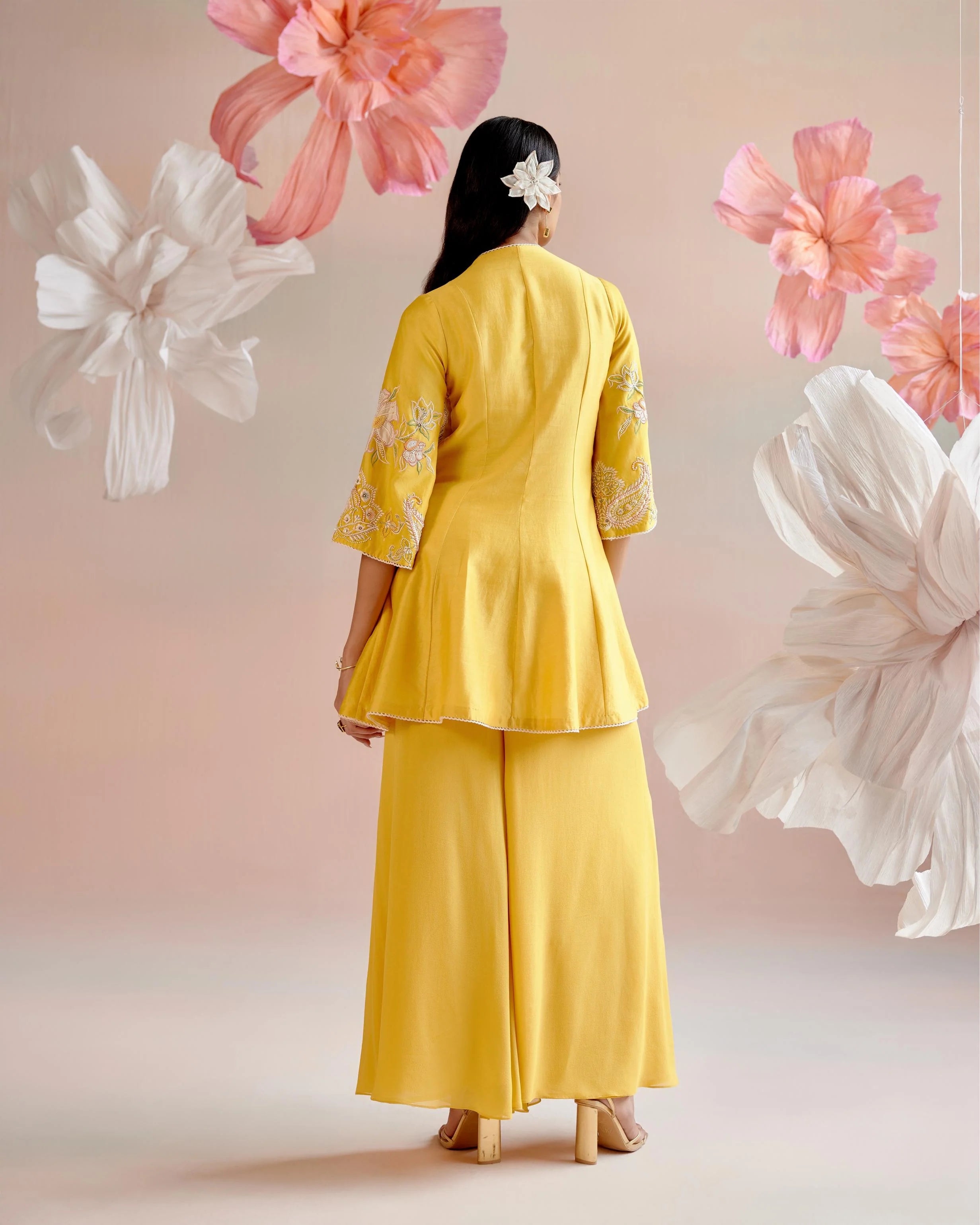 Yellow Contrast Embroidered Flared Short Kurta With Sharara Pants