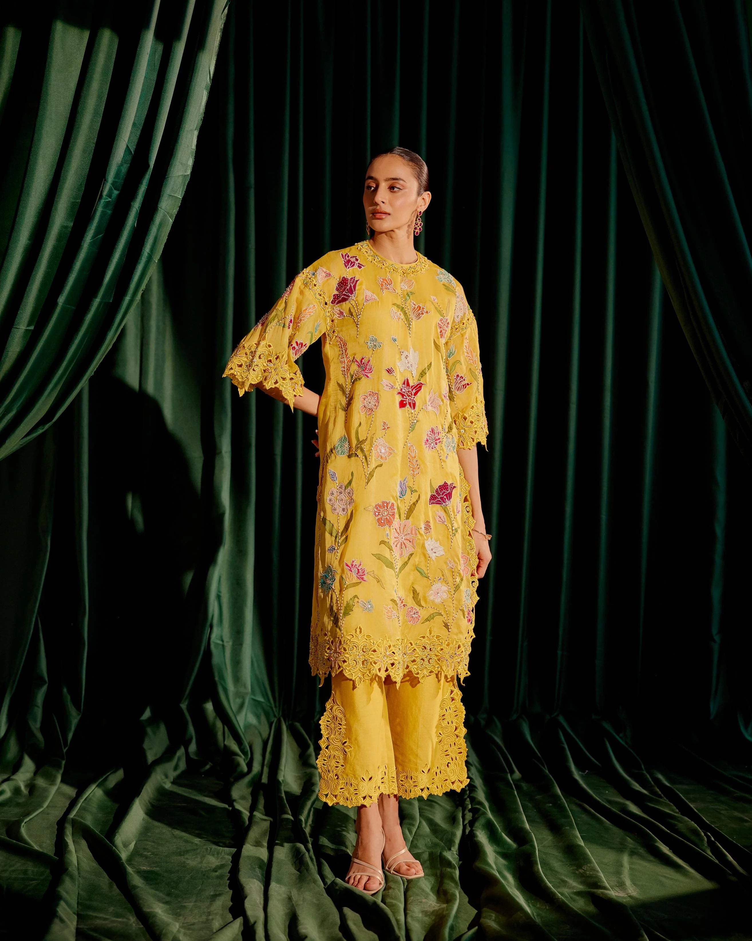 Yellow Floral Applique And Beadwork Kurta With Cutwork Pants