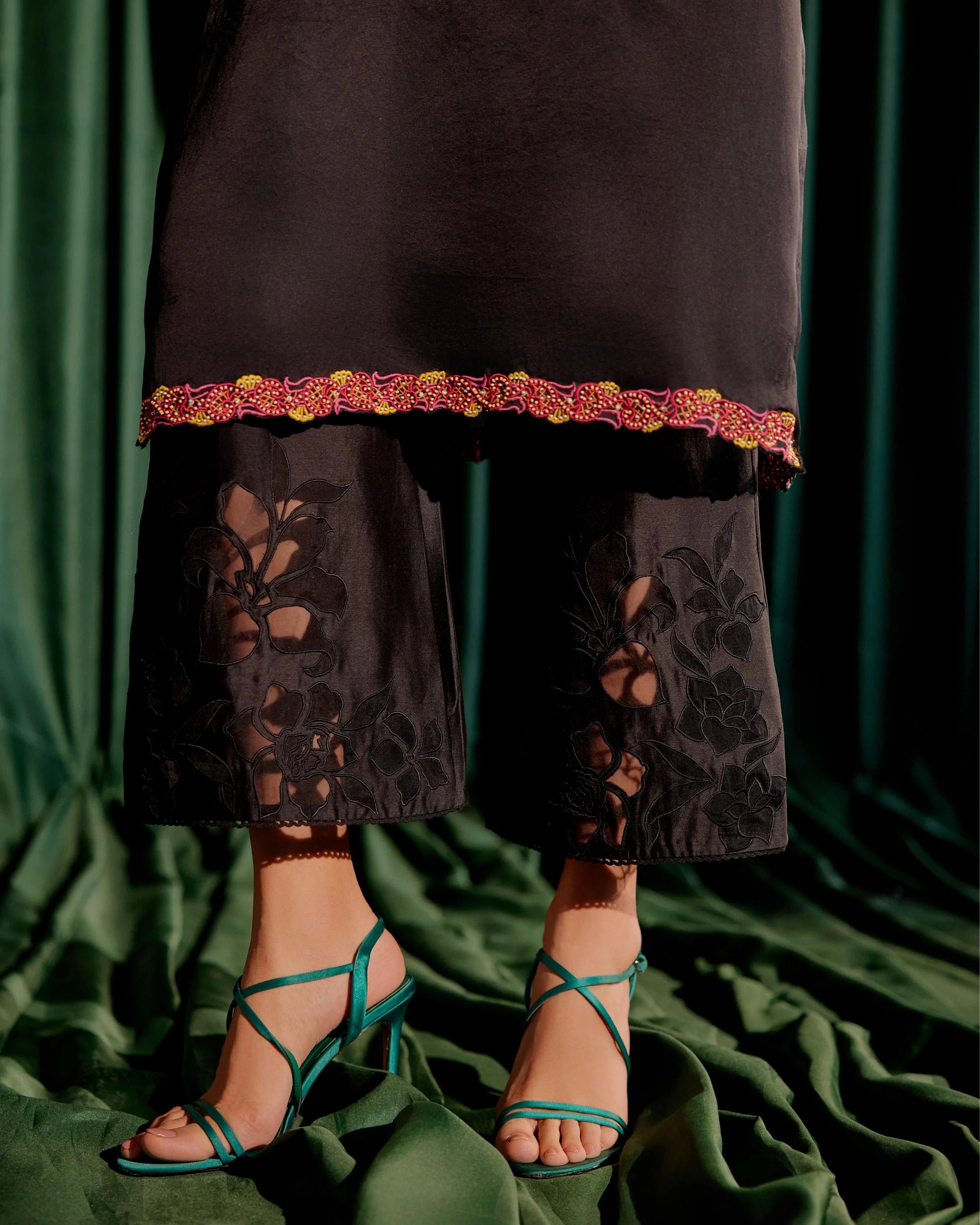 Black Floral Applique Kimono Kurta With Sheer Applique Pants