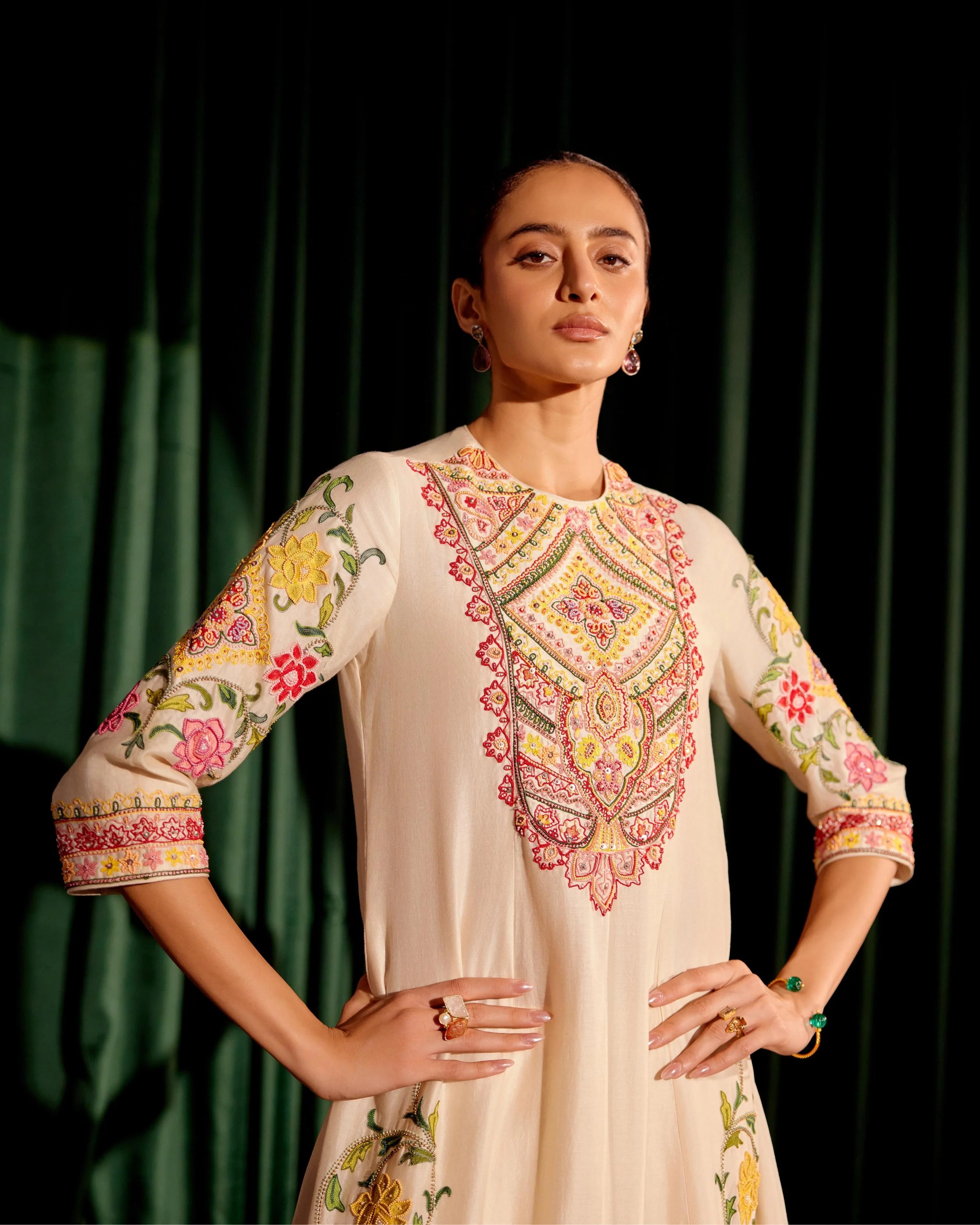 Ivory Cordwork And Beadwork Flared Kurta With Embroidered Narrow Pants