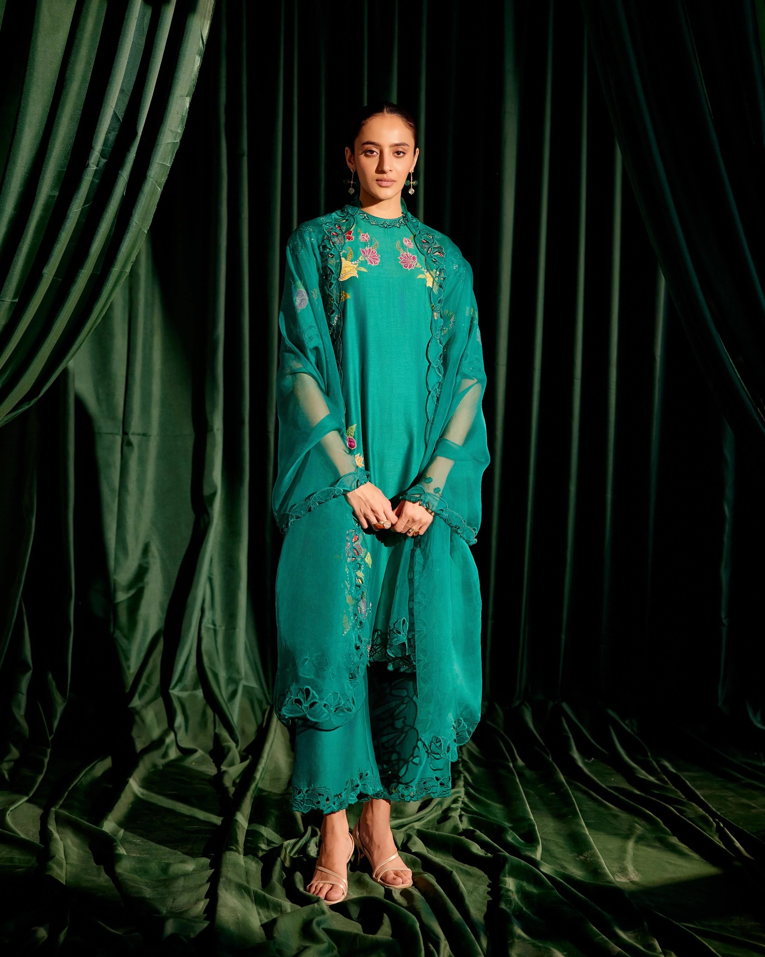 Emerald Green Applique And Beadwork Kurta With Tonal Cutwork Pants