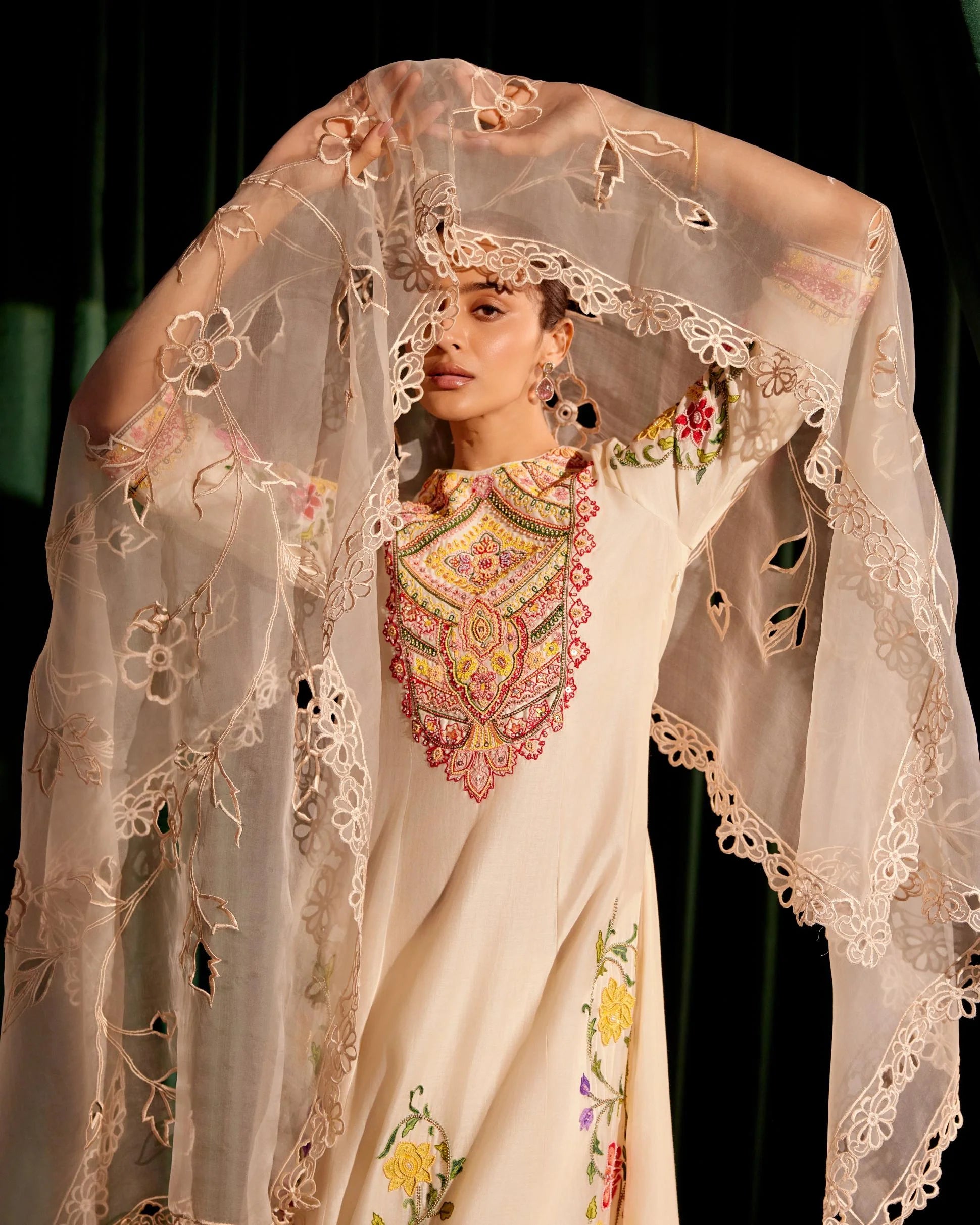 Ivory Floral Cutwork Dupatta