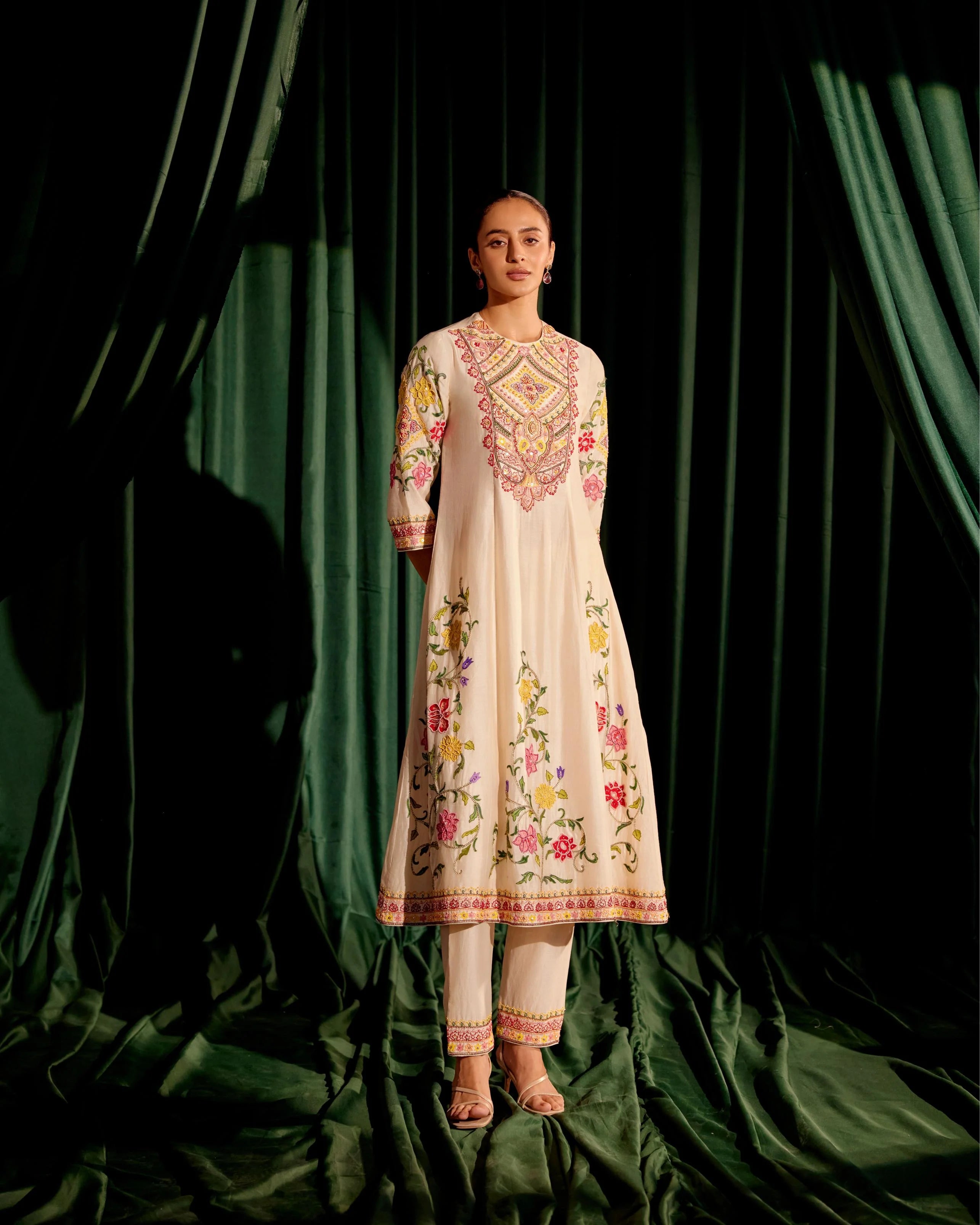 Ivory Cordwork And Beadwork Flared Kurta With Embroidered Narrow Pants