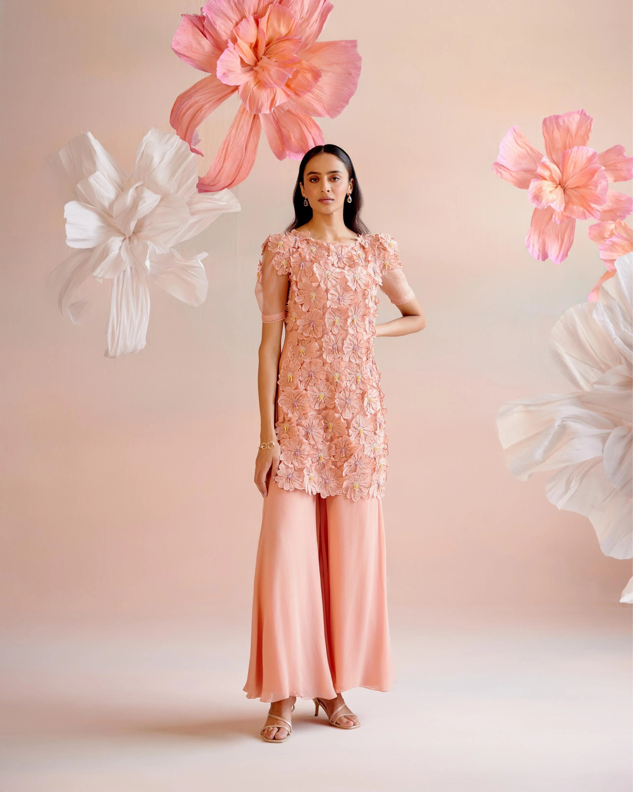 Peach Daisy 3d Applique Short Kurta With Flared Sharara Pants