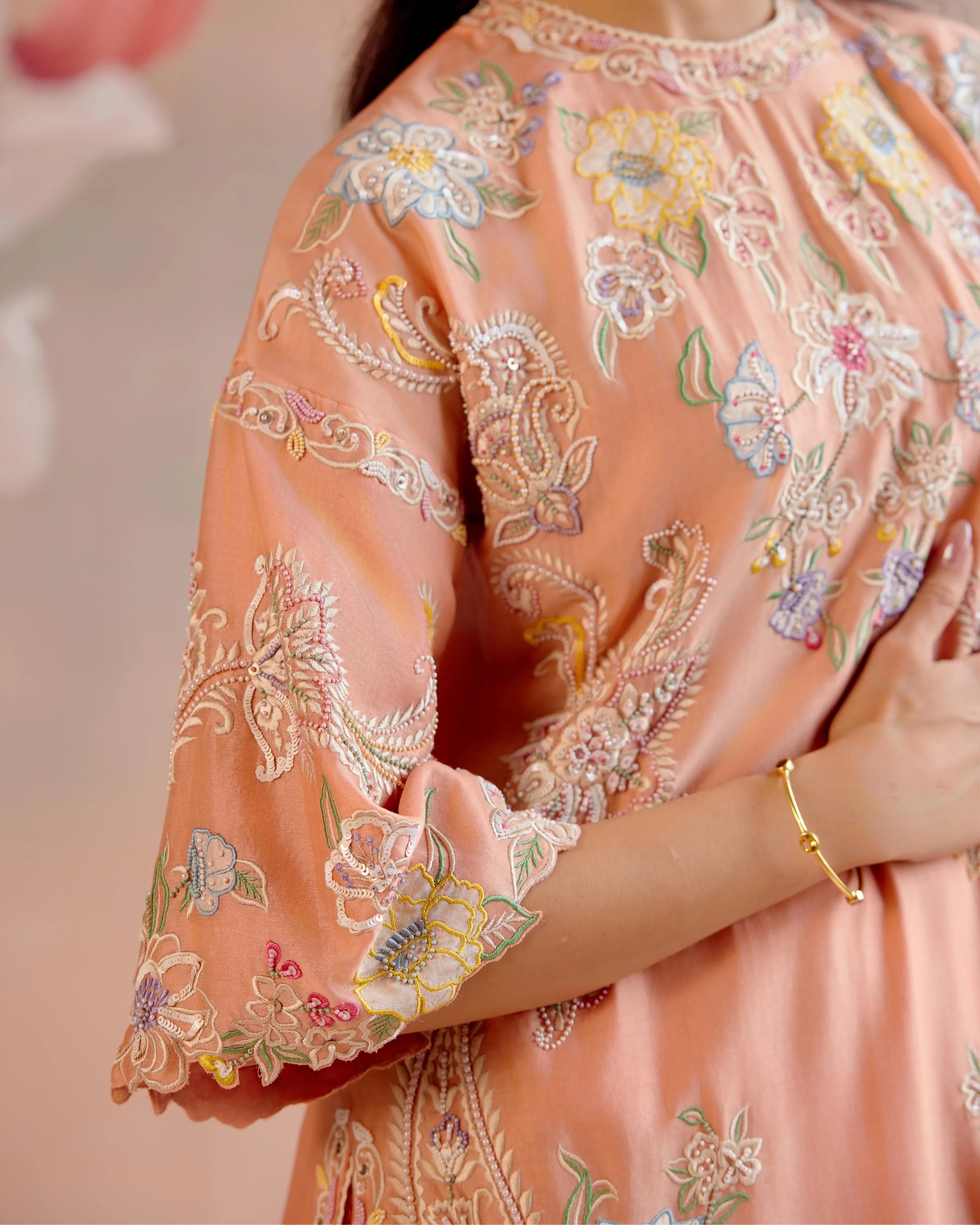 Apricot Contrast Embroidered Kurta With Pants