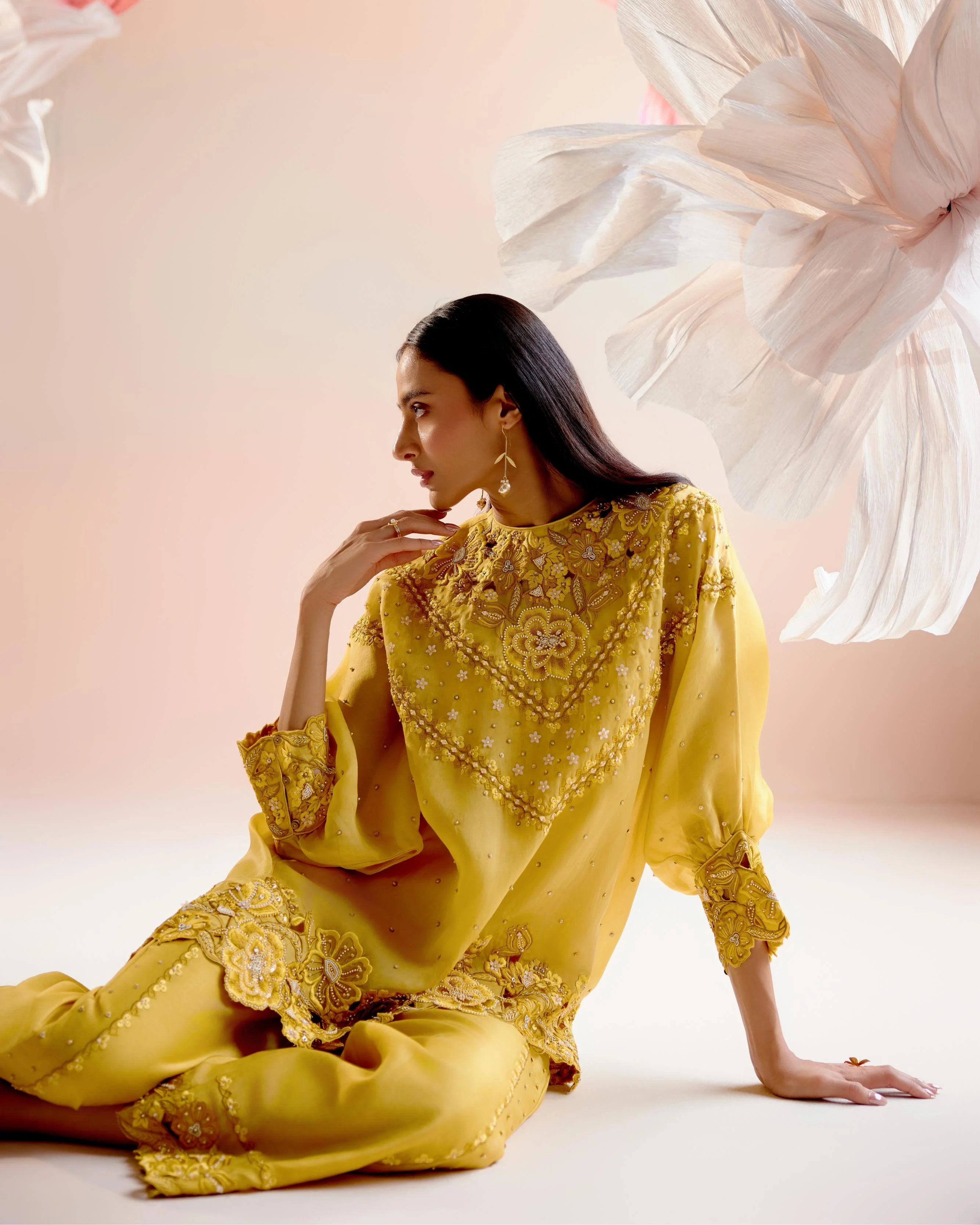 Yellow Multi Tonal Cutwork Kimono Tunic With Pants