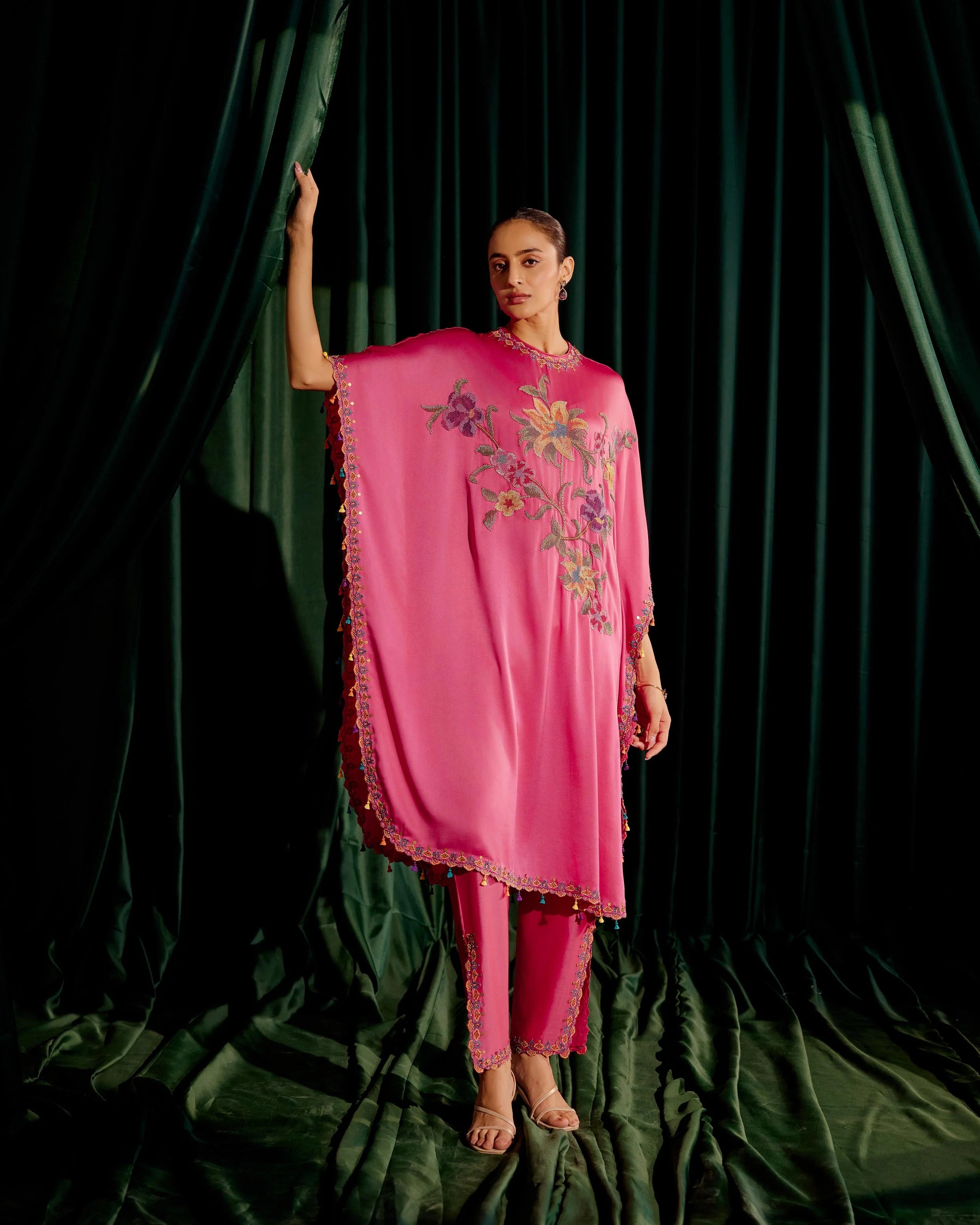 Fuchsia Floral Beadwork Kaftan With Embroidered Pants