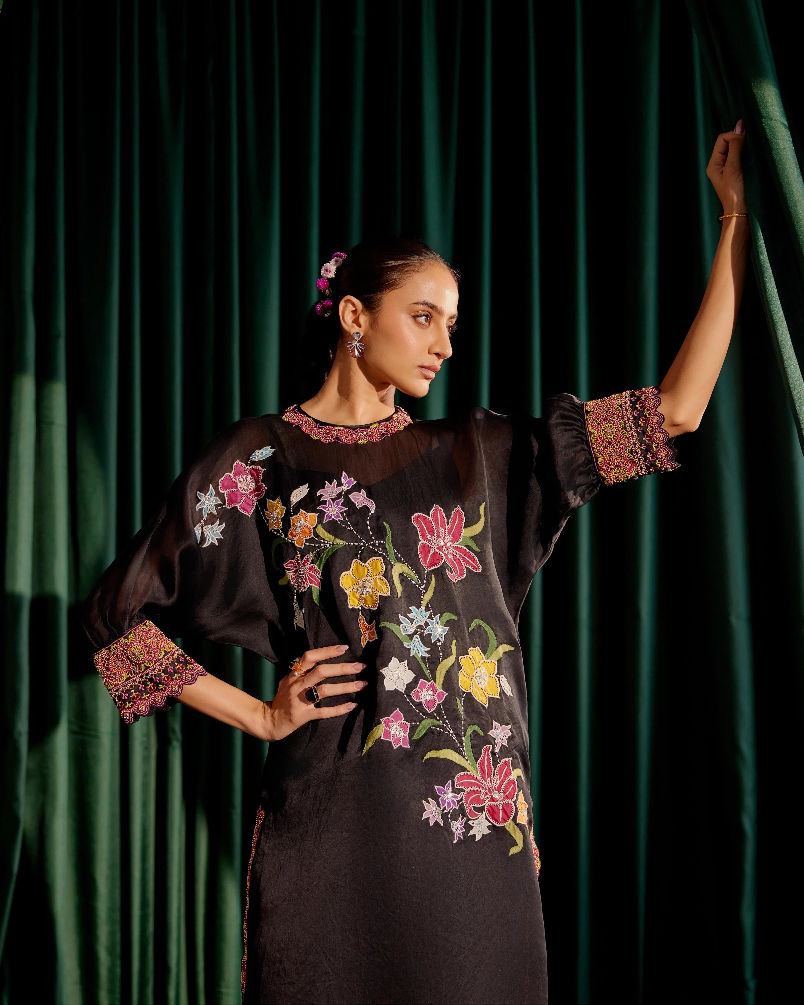 Black Floral Applique Kimono Kurta With Sheer Applique Pants