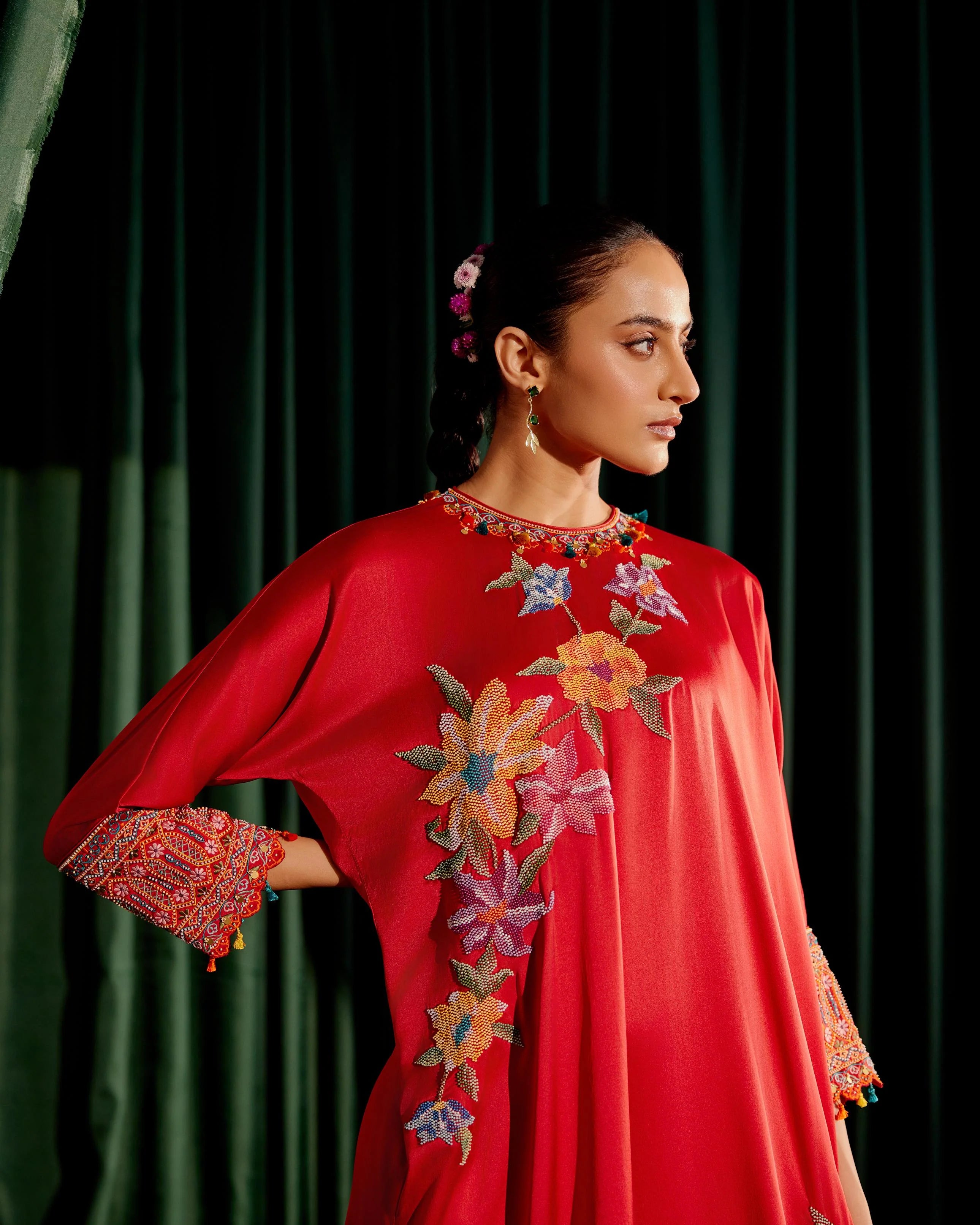 Red Floral Beadwork Kimono Kurta With Narrow Pants