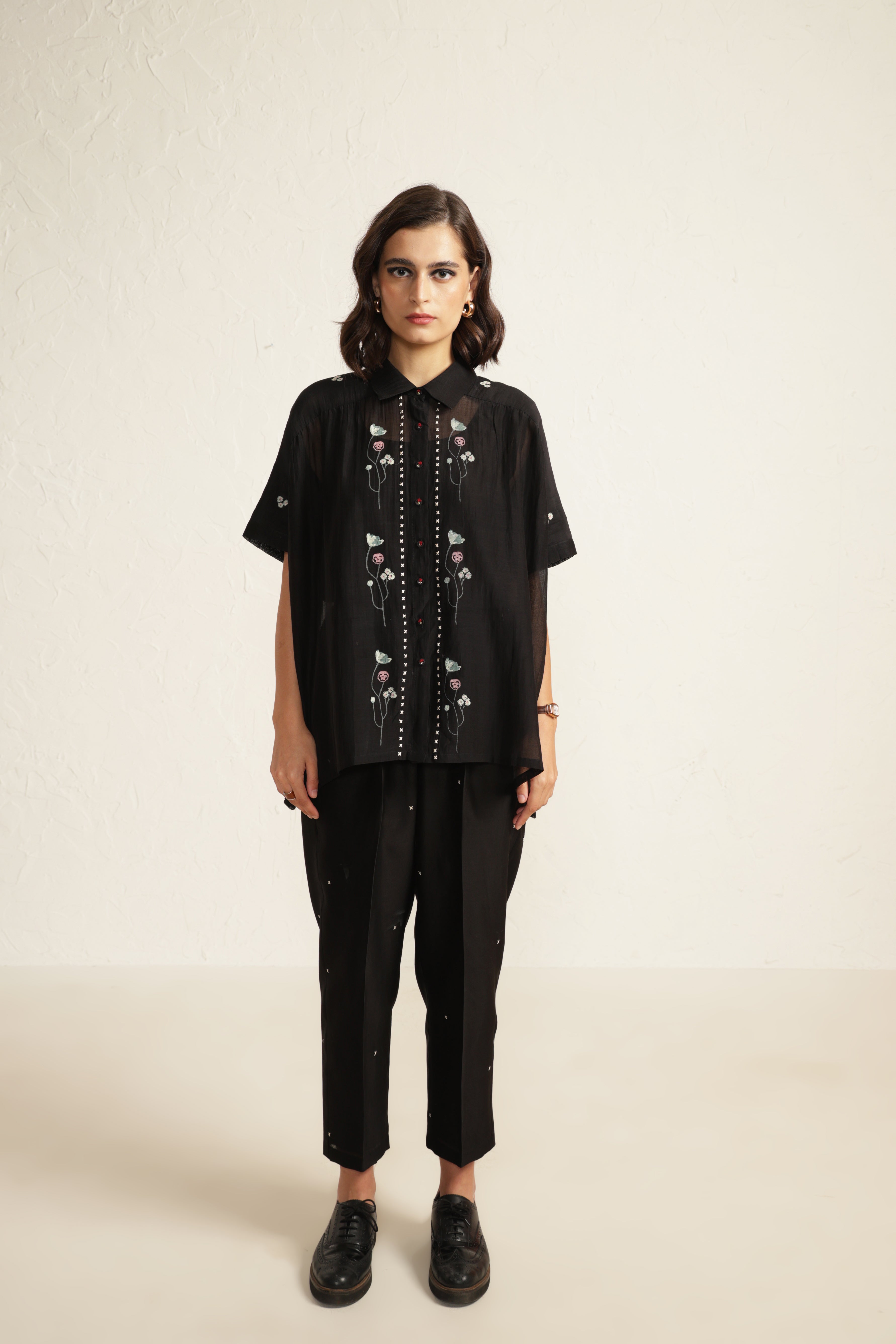Black Mul Chanderi Shirt with Embroidery And Embroided Silk Chanderi Pants