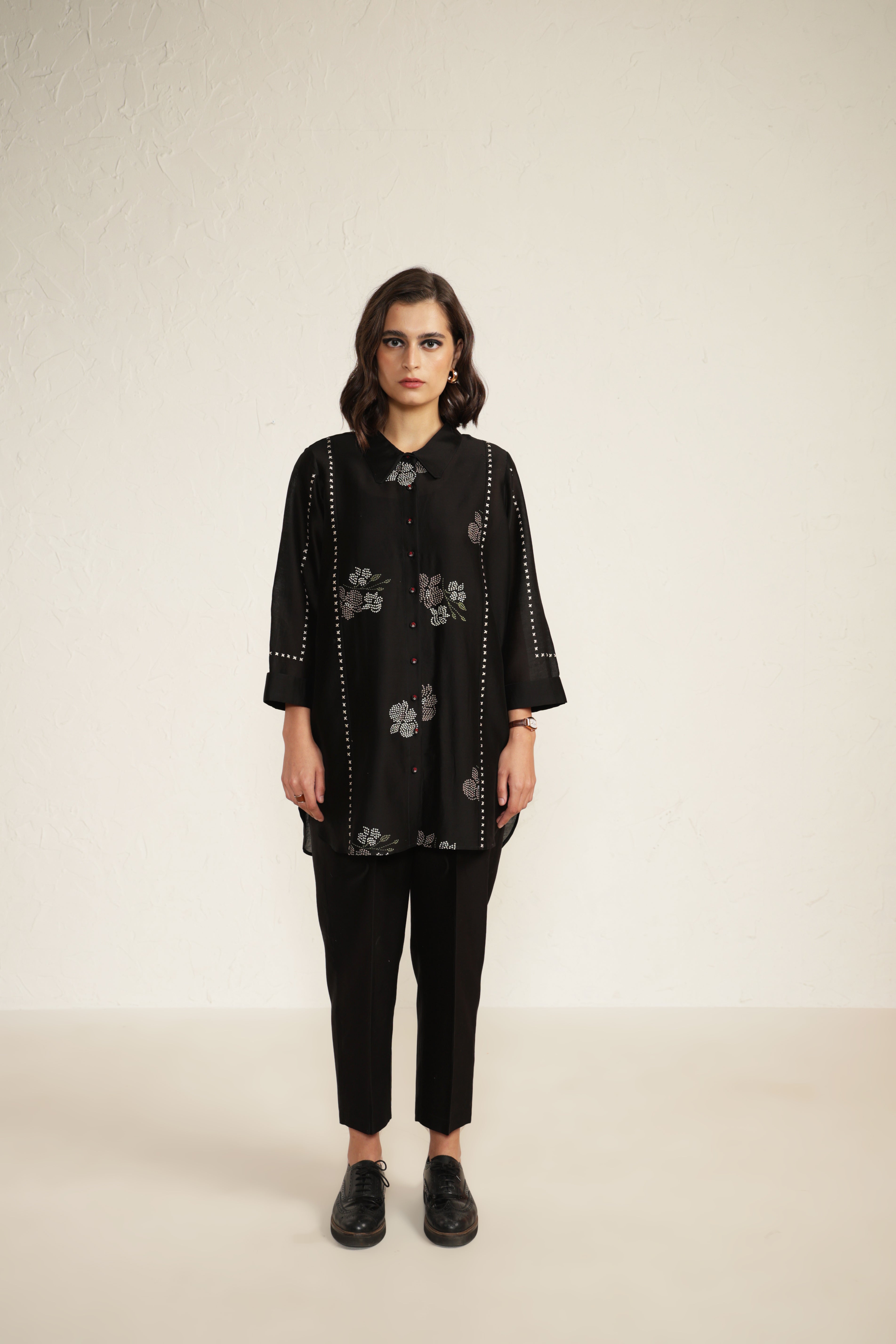 Black Silk Chanderi Shirt with Embroidery and Silk Chanderi Straight Pants