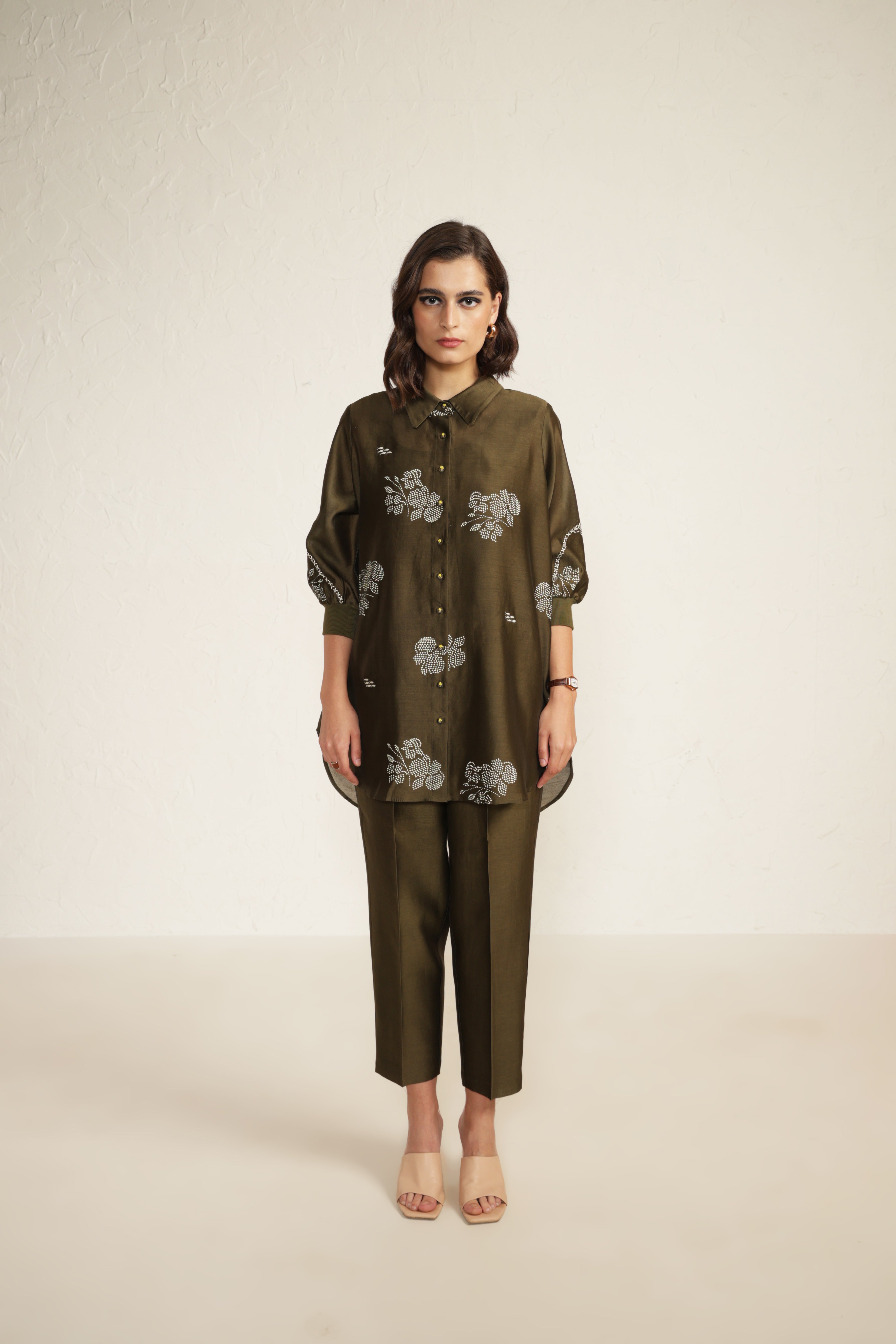 Olive Silk Chanderi Shirt with Embroidery and Silk Chanderi Straight Pants