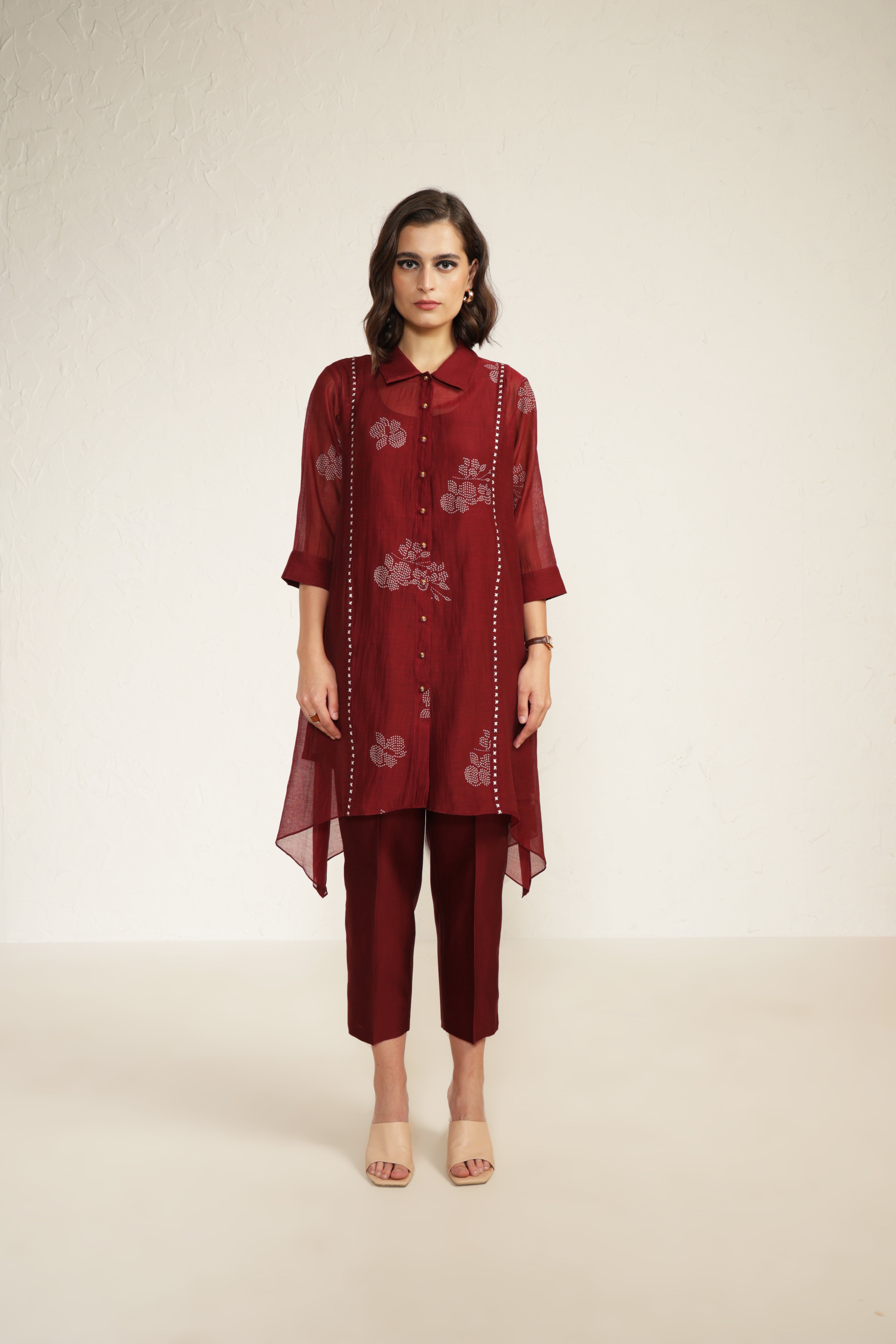 Burgundy Mul Chanderi Shirt with Embroidery And Silk Chanderi Pants