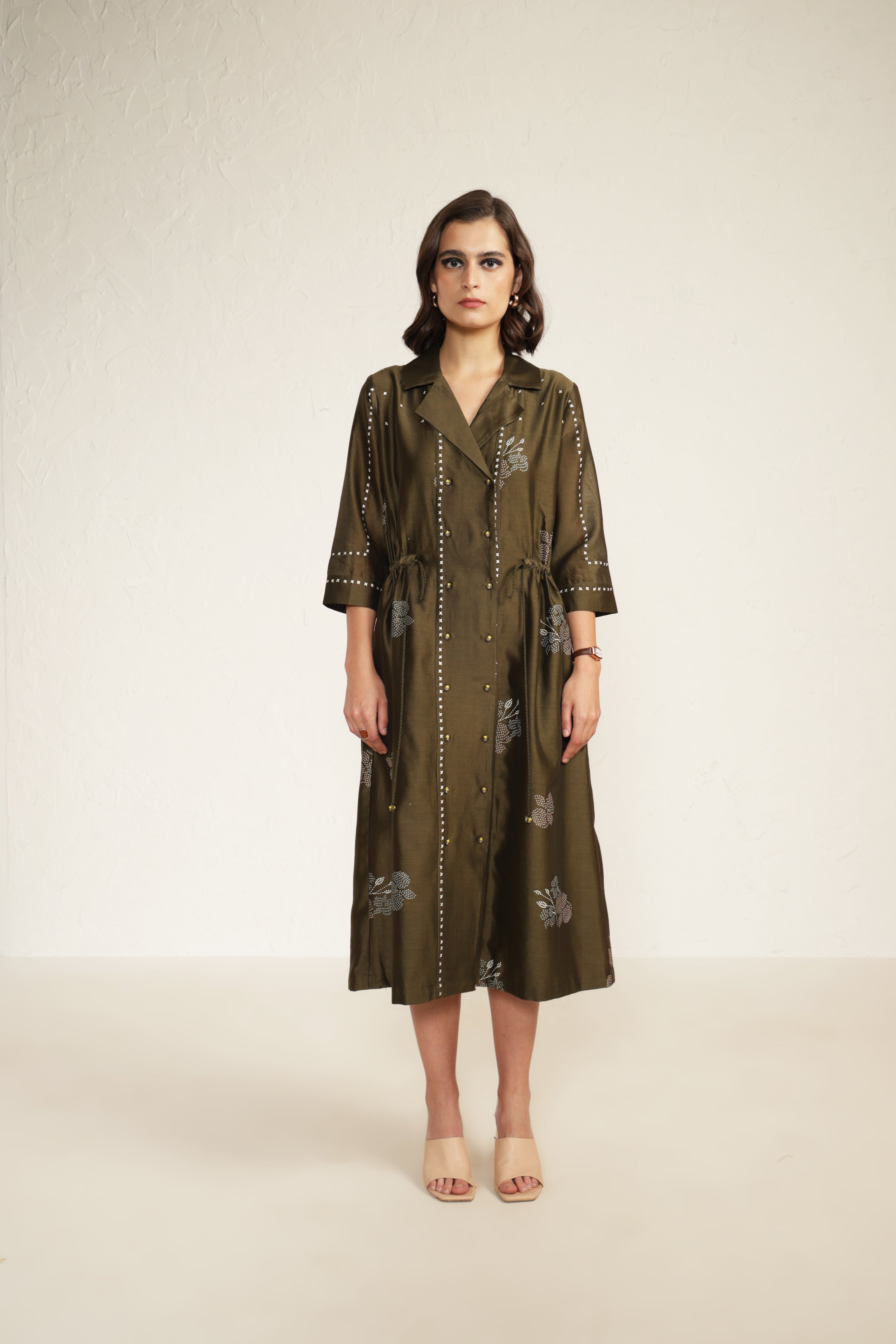 Olive Printed Side Gathered Shirt Dress in Silk Chanderi
