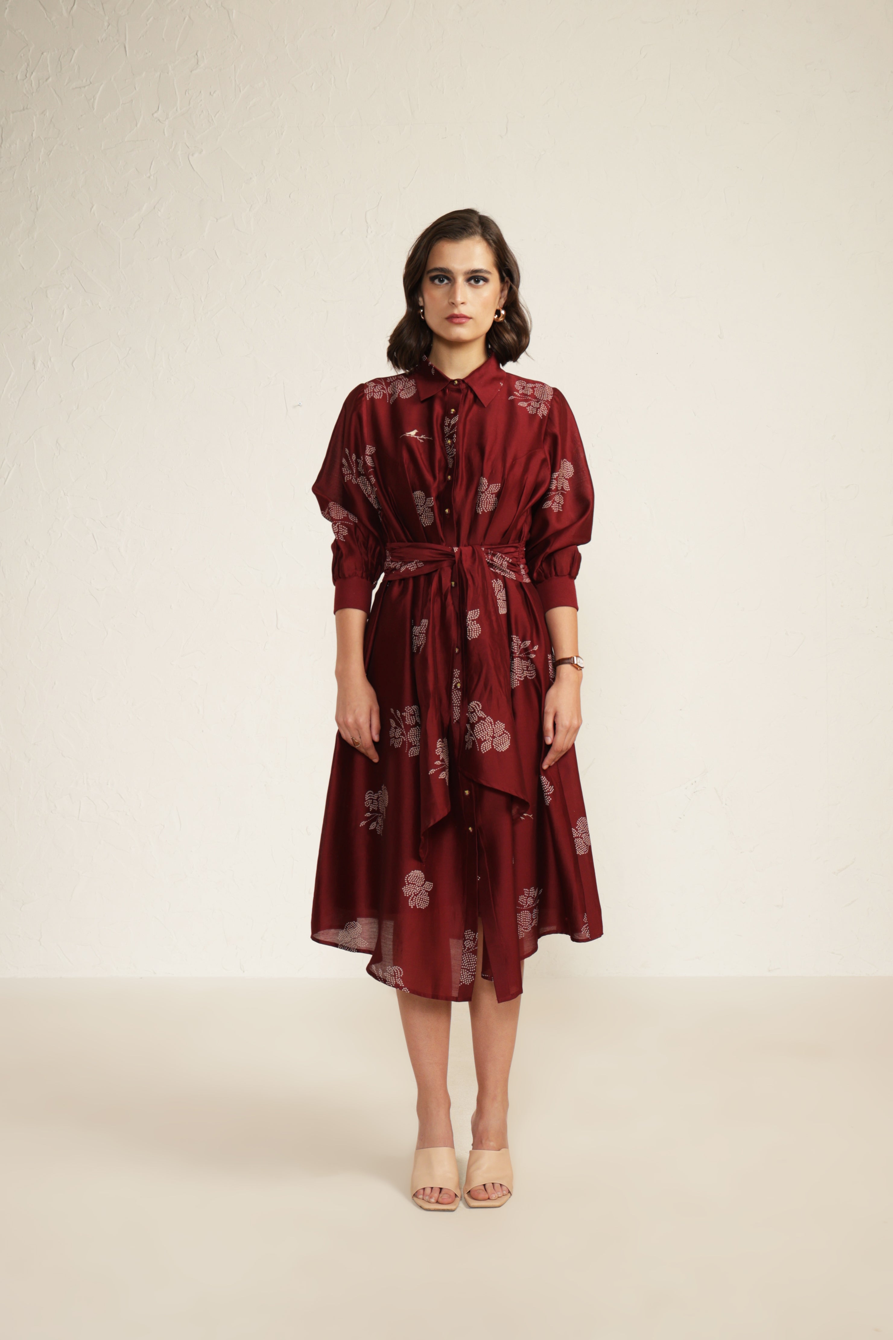 Burgundy Printed Tie Up Dress with Embroidery