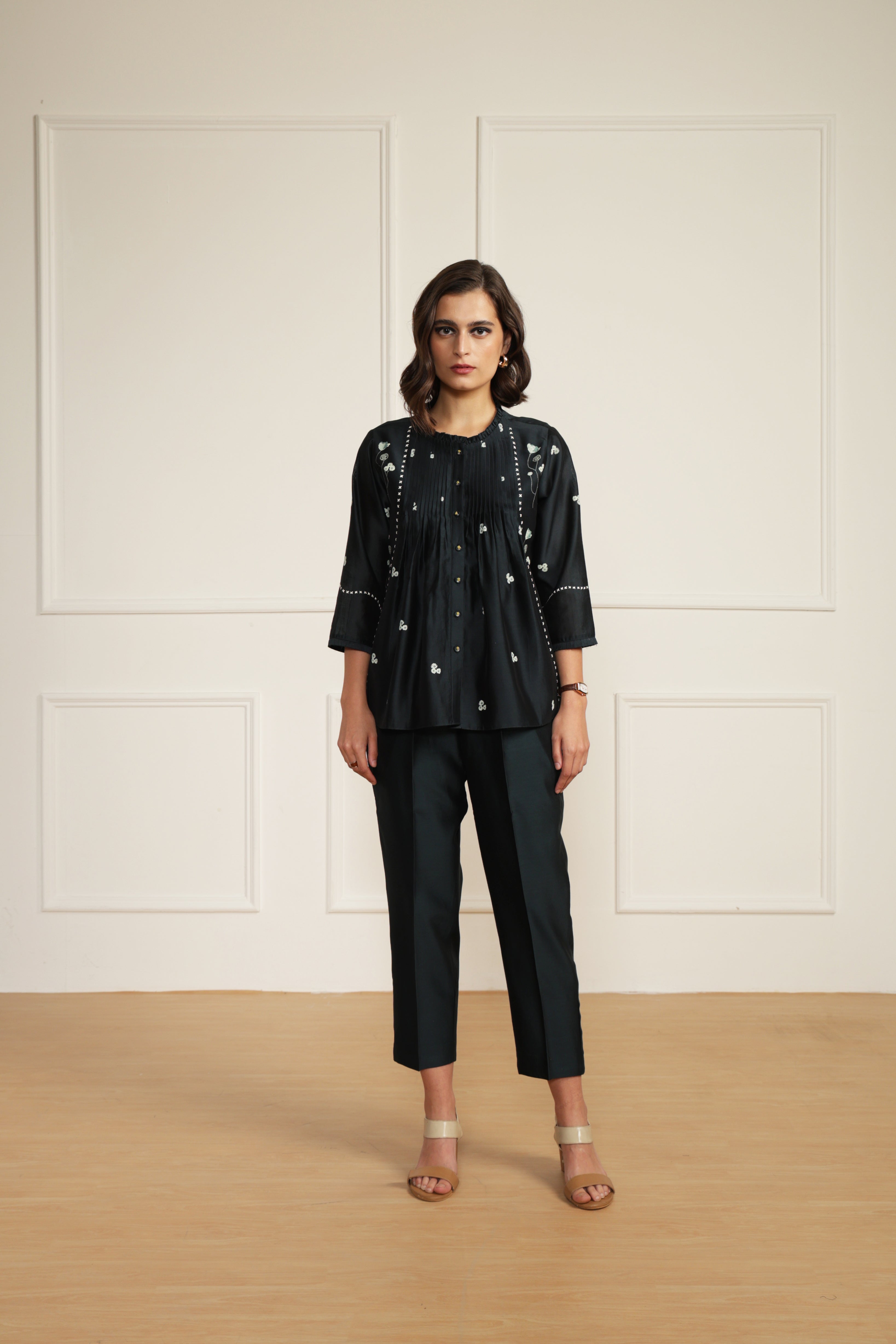 Indigo Top in Silk Chanderi With Embroidery and Straight Pant in Silk Chanderi
