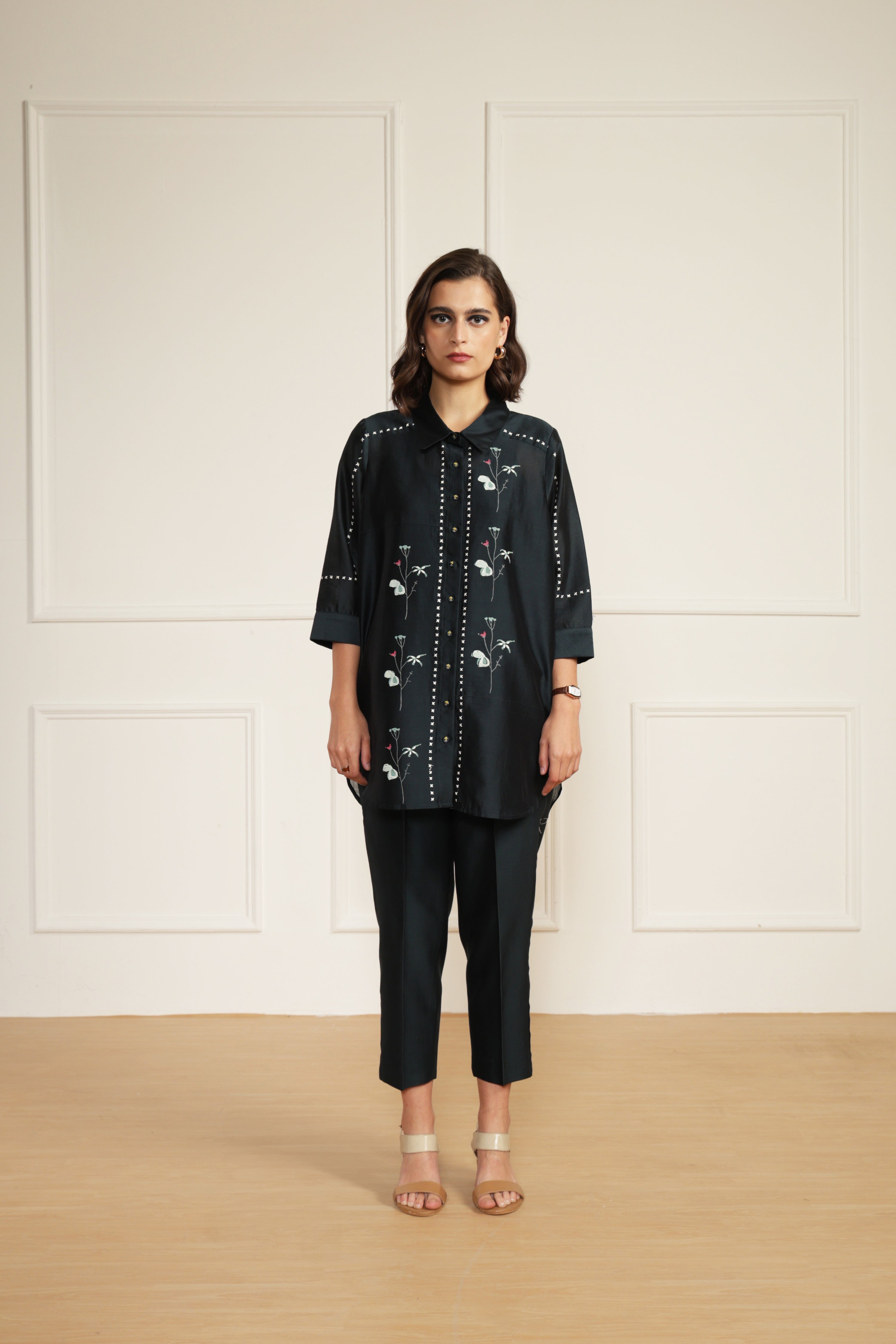 Indigo Silk Chanderi Shirt with Embroidery And Silk Chanderi Straight Pants