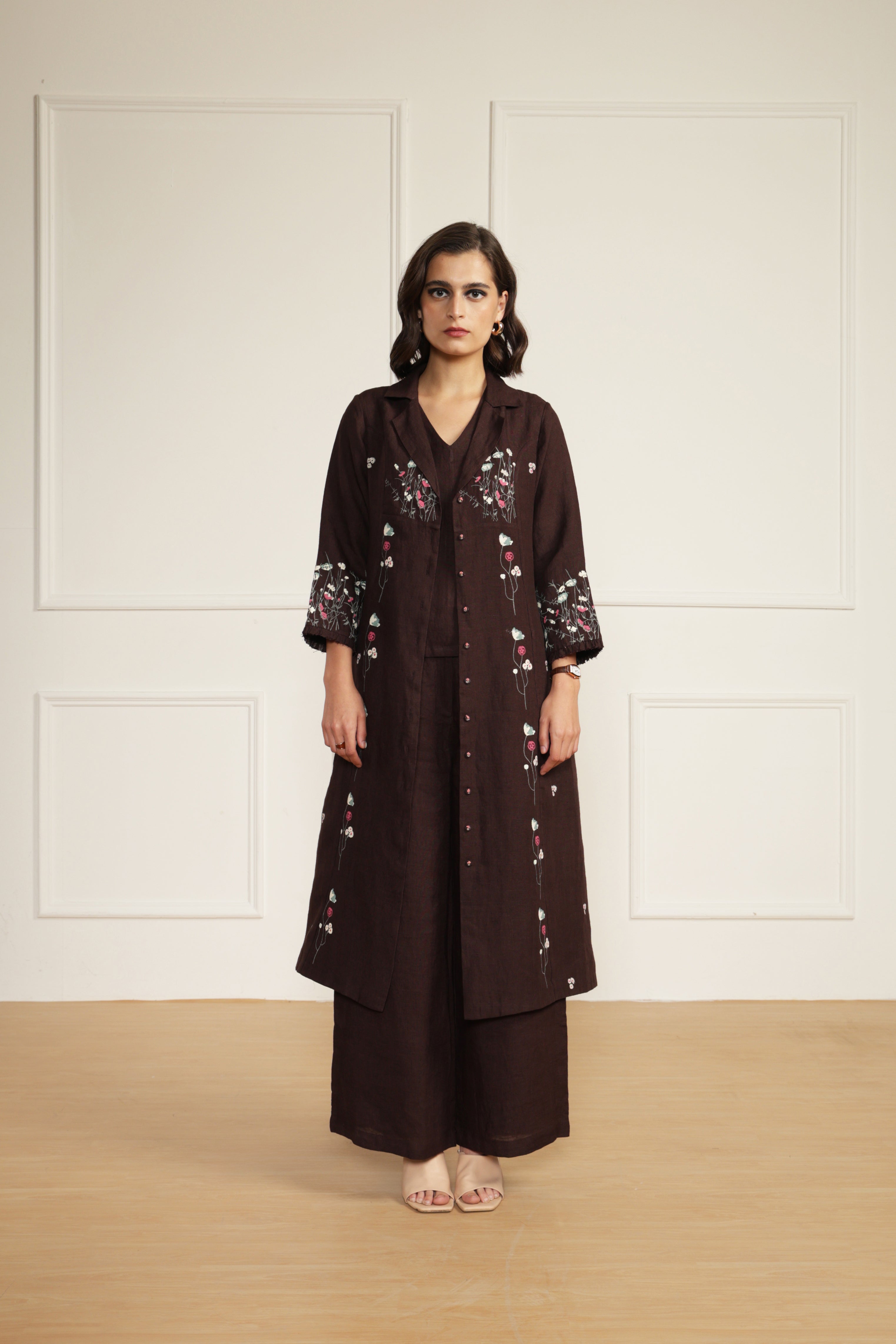 Grape Linen Printed Jacket With Flared Pants and Top in Linen