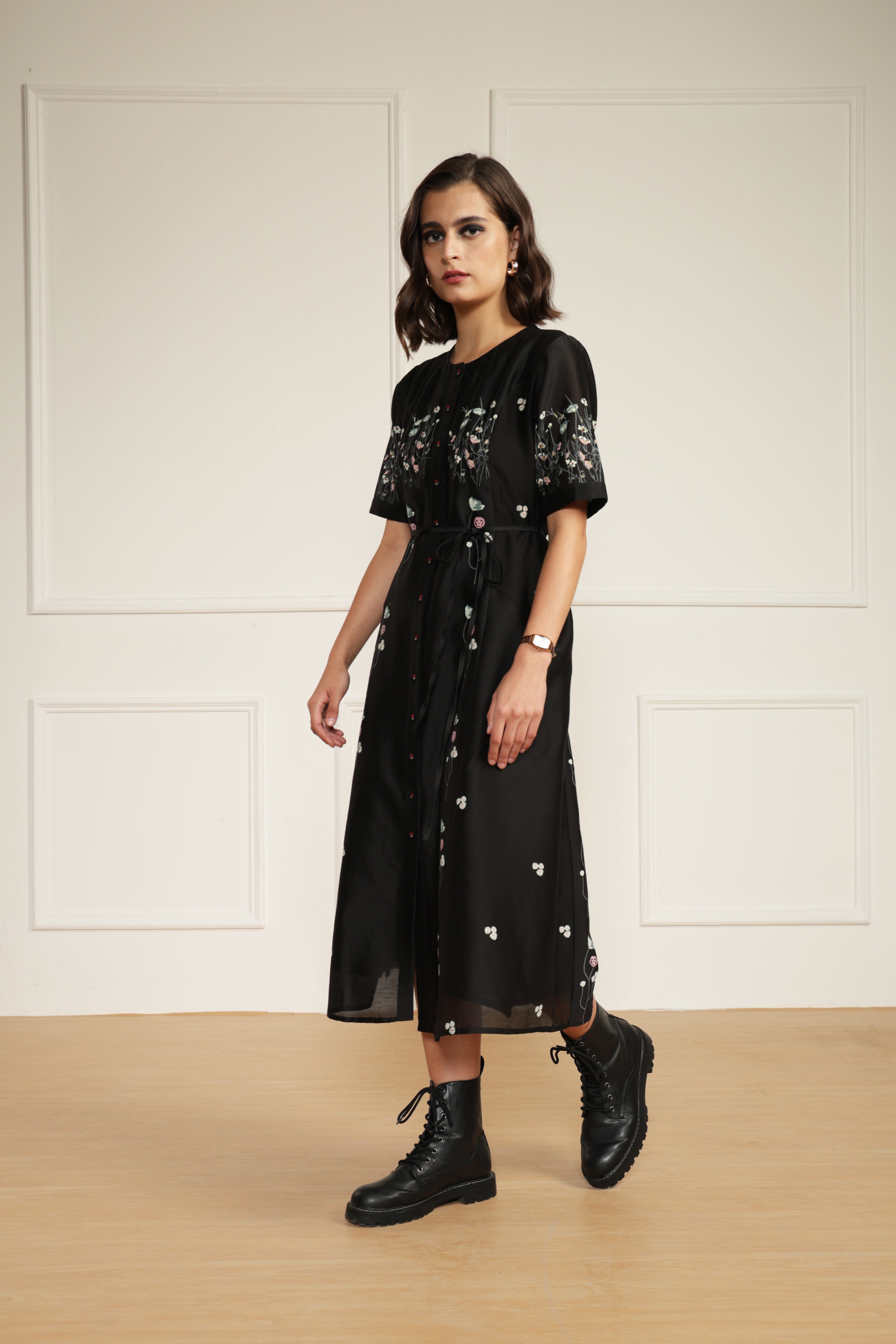Black Printed A-Line Dress in Silk Chanderi With Hand Embroidery Details