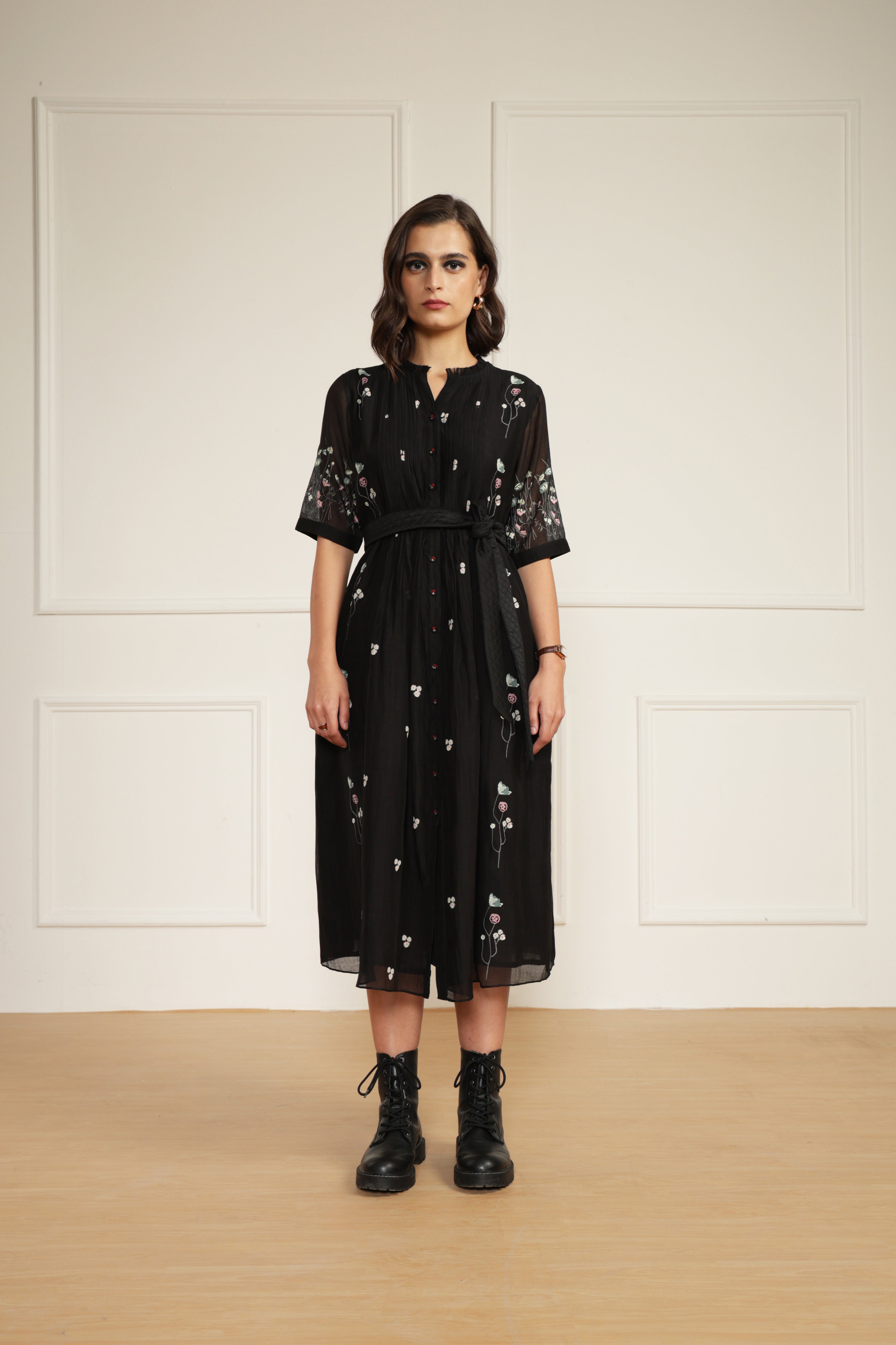 Pleated Printed Dress in Mul Chanderi