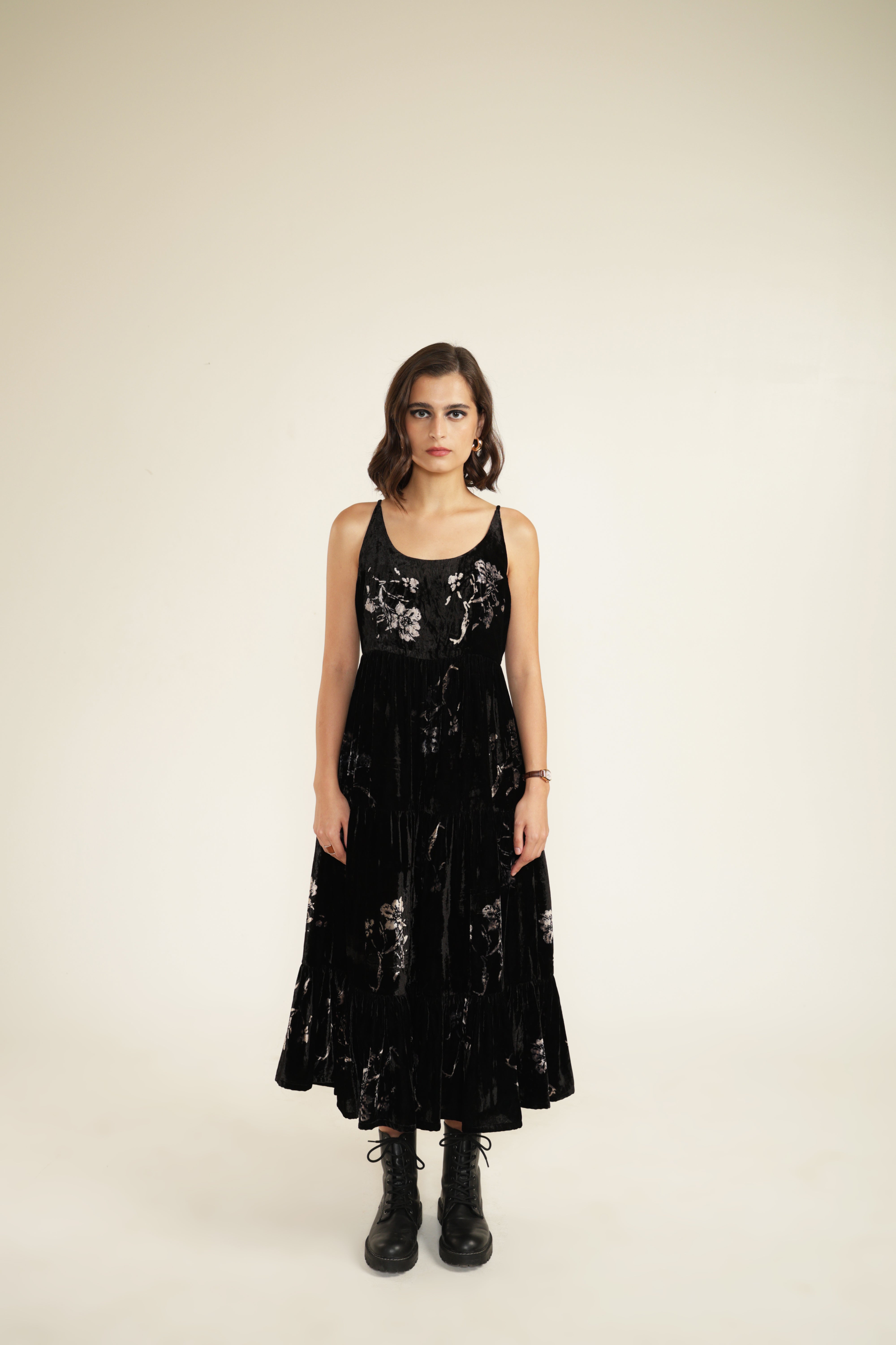 Black Tier Discharge Print Dress