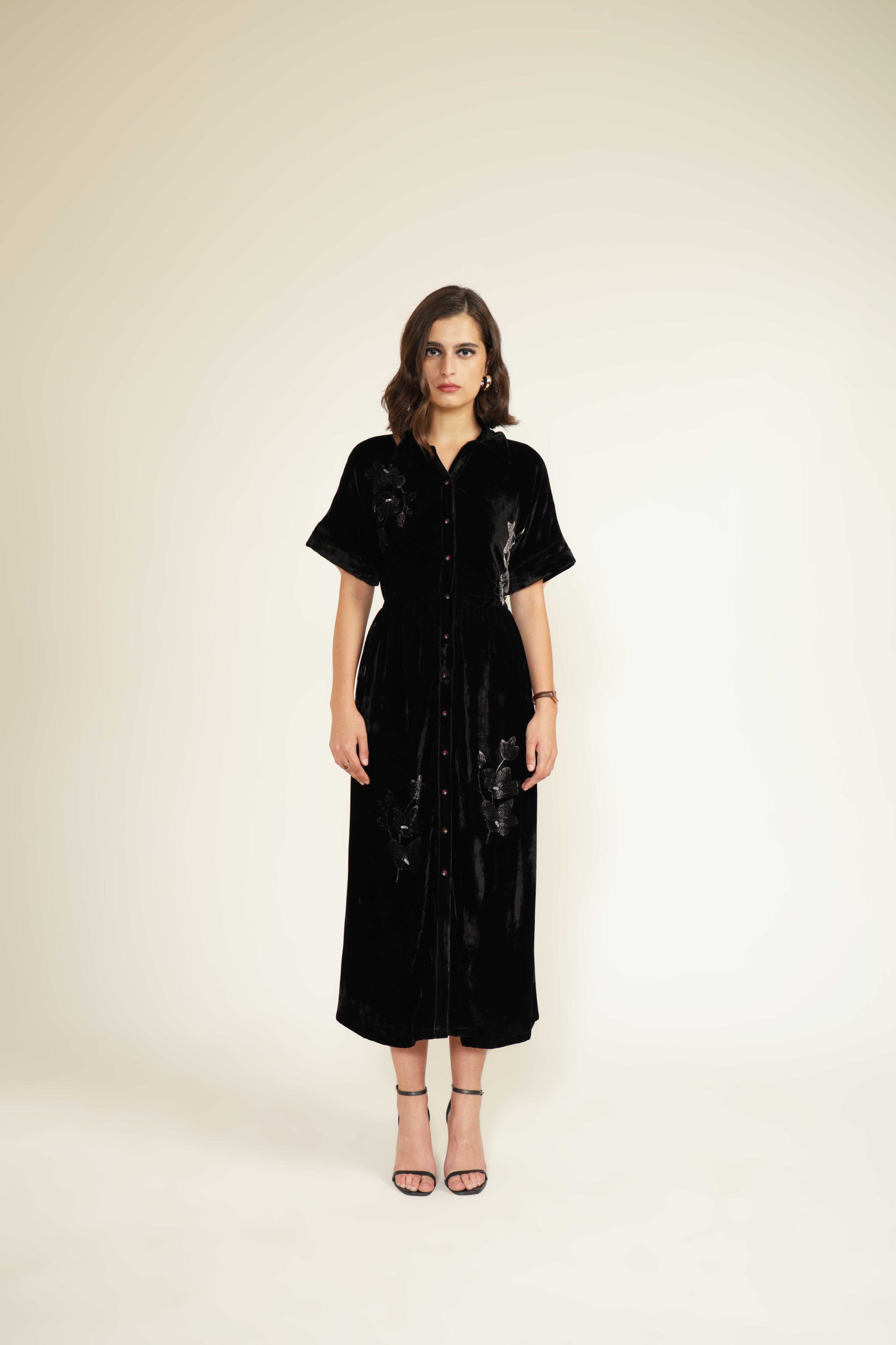 Drop Shoulder Discharge Print Dress in Silk Velvet with Hand Embroidery Details