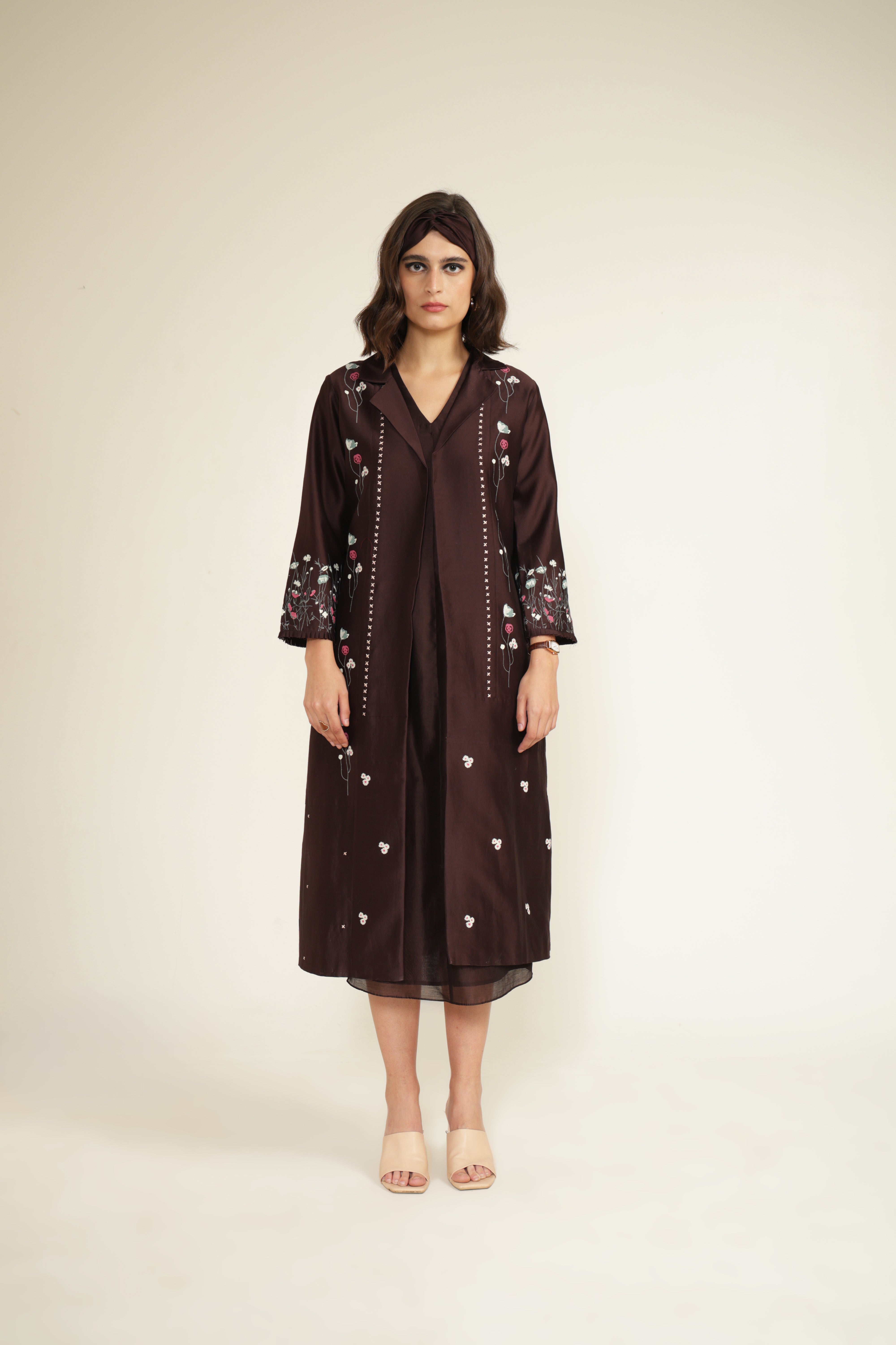 Grape V-Neck Dress in Silk Chanderi and Printed Silk Chanderi Jacket with Embroidery