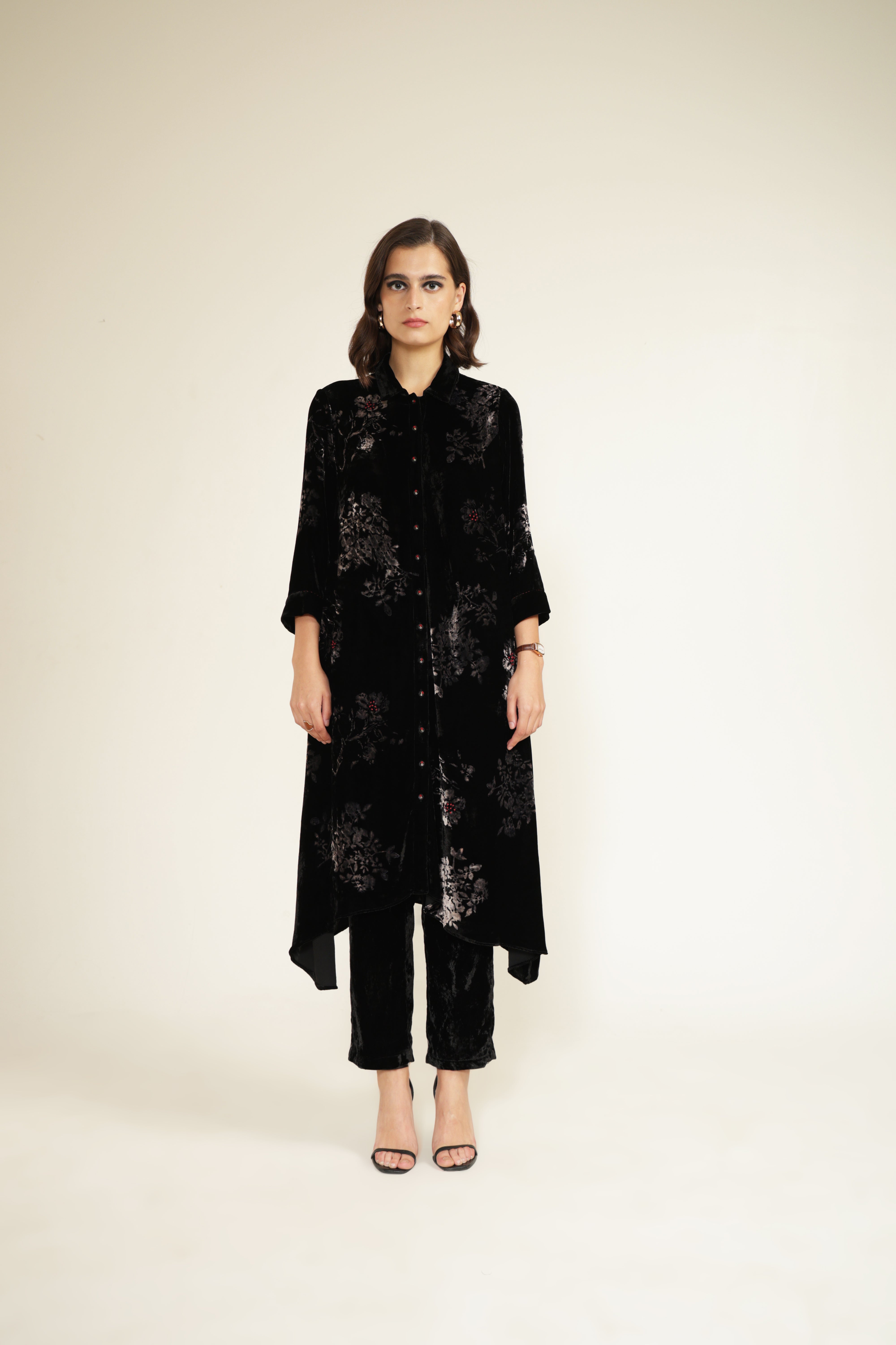 Black Discharge Print Tunic in Silk Velvet with Hand Emroidery Details & Silk Velvet Straight Pants