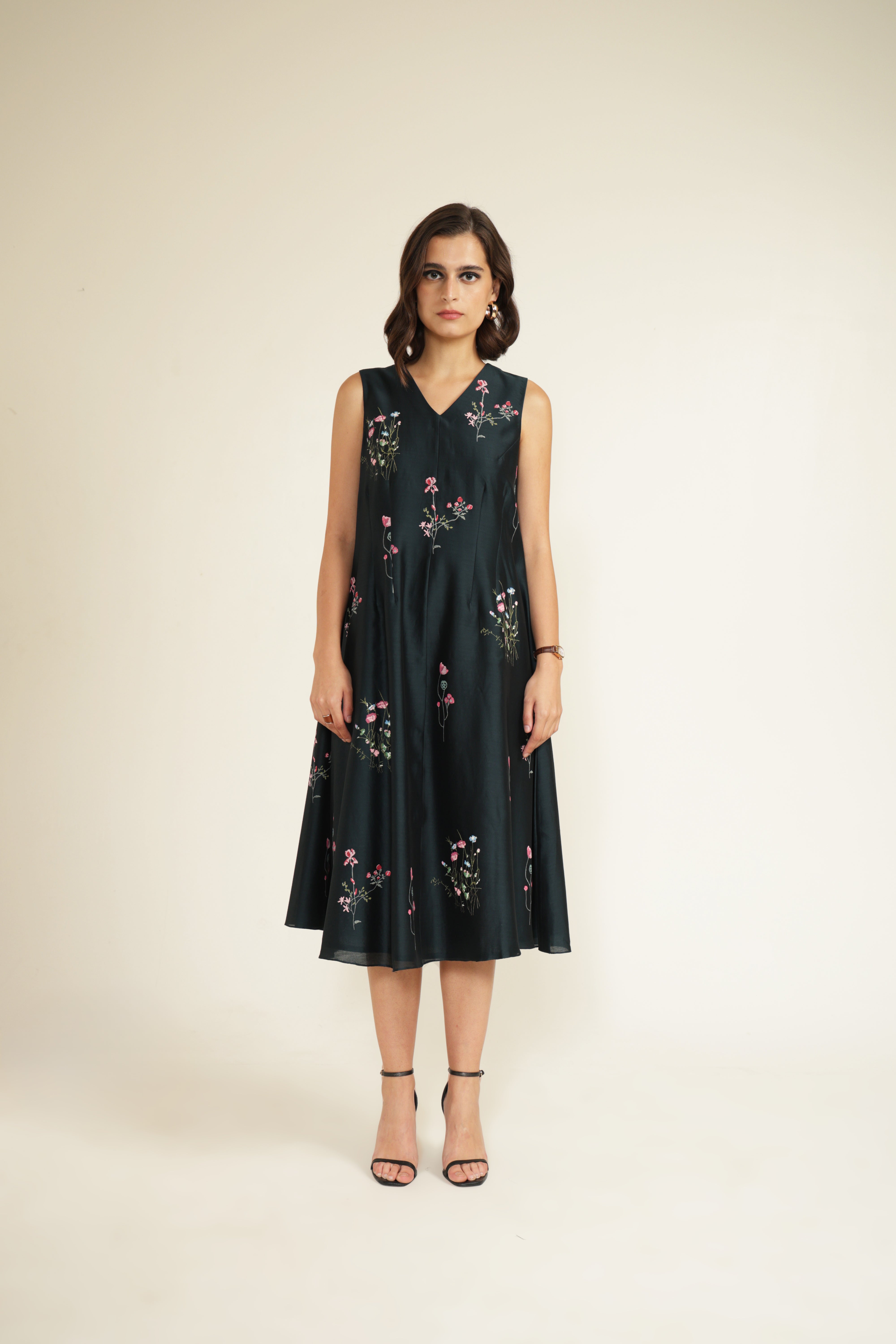 Indigo V-Neck Printed Dress with Printed Quilted Jacket With Hand Embroidery Details