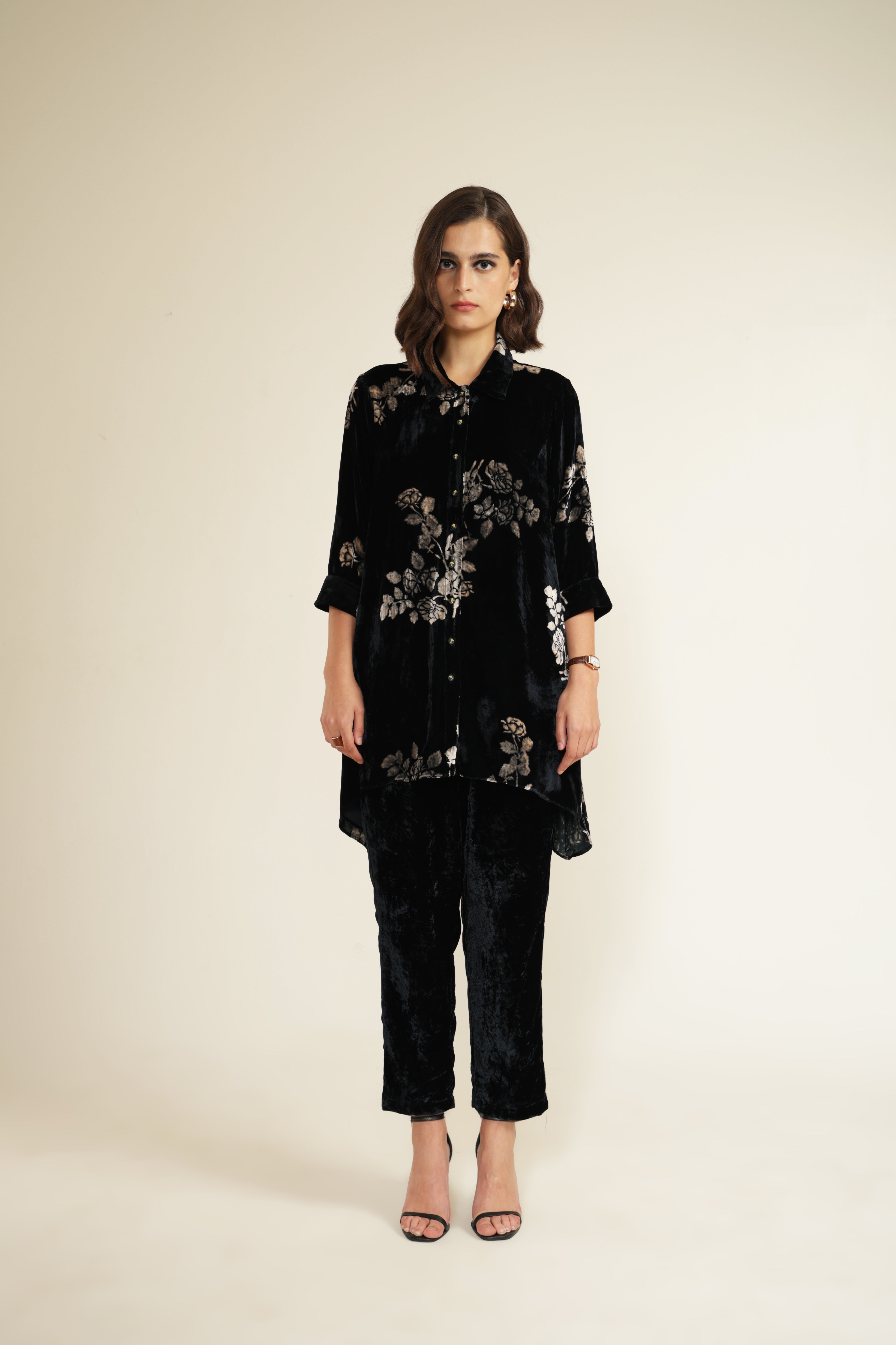 Indigo Shirt in Silk Velvet with Discharge Print and Straight Pants in Silk Velvet