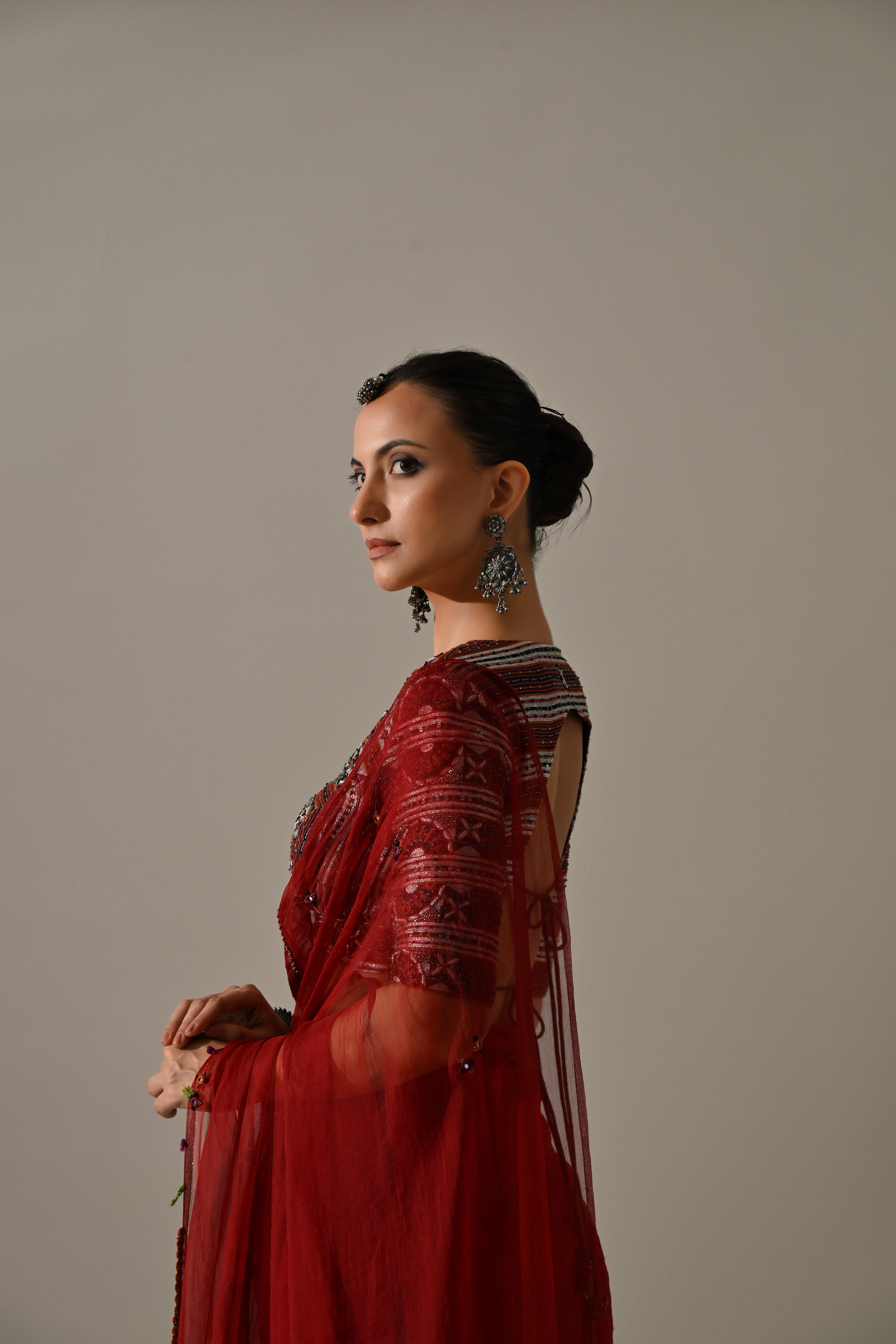 Deep Red Textured Hand Work Saree Set