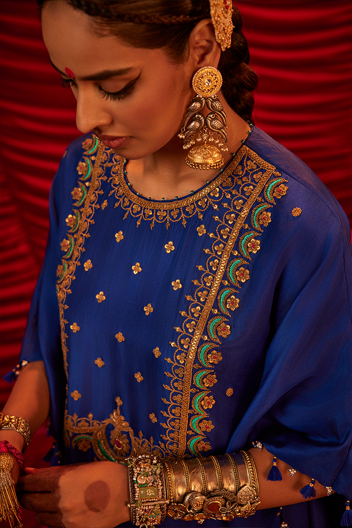 Elegant Chandani Blue Silk Kaftan & Pant Set with Marodi Resham Embroidery