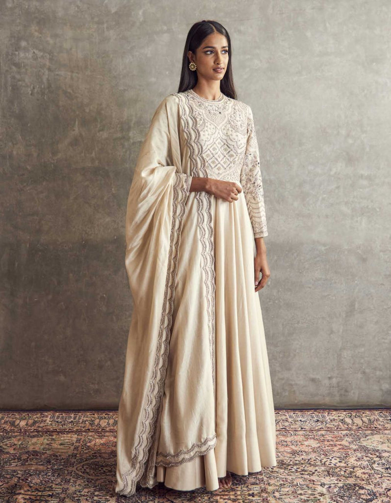 Ivory Embroidered Anarkali Paired With An Embroidered Dupatta