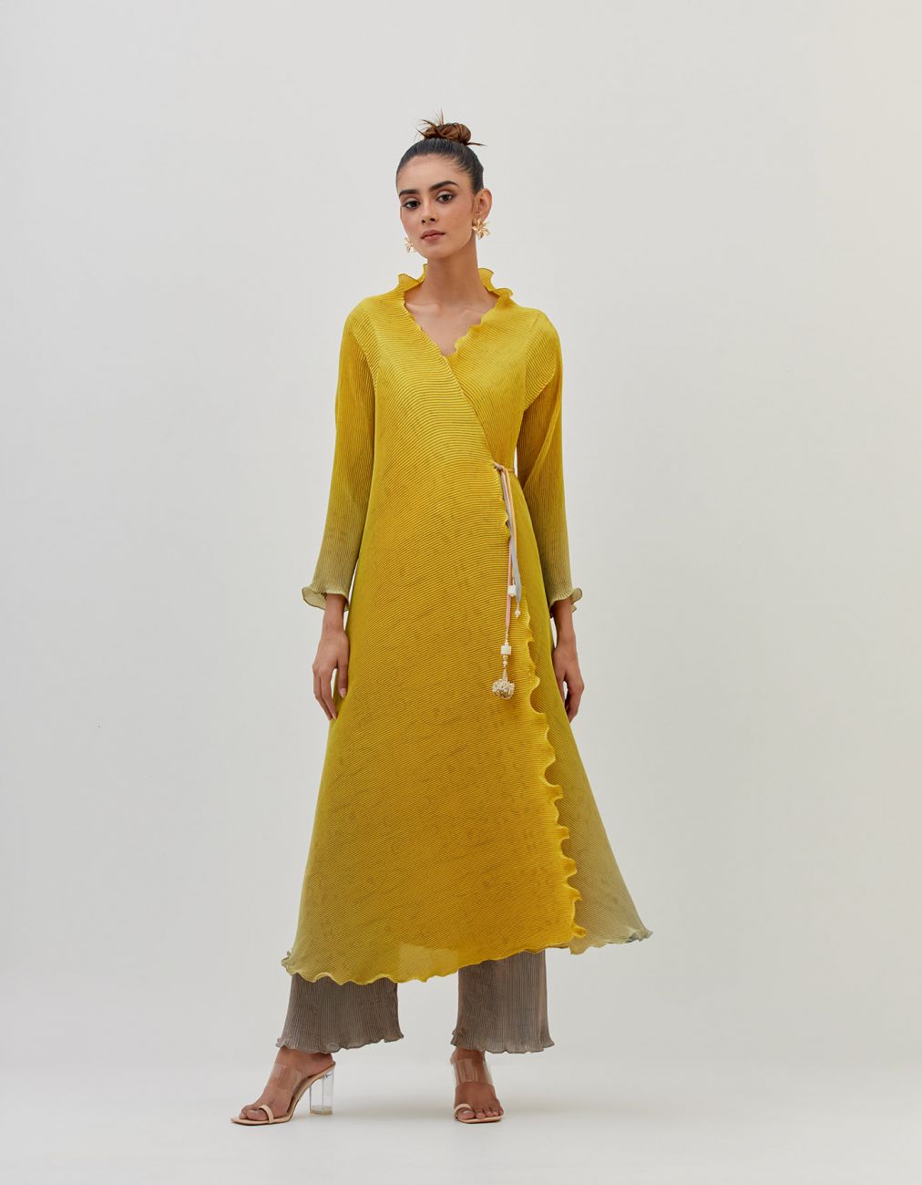 Yellow Into Grey Ombre Pleated Angarkha Kurta