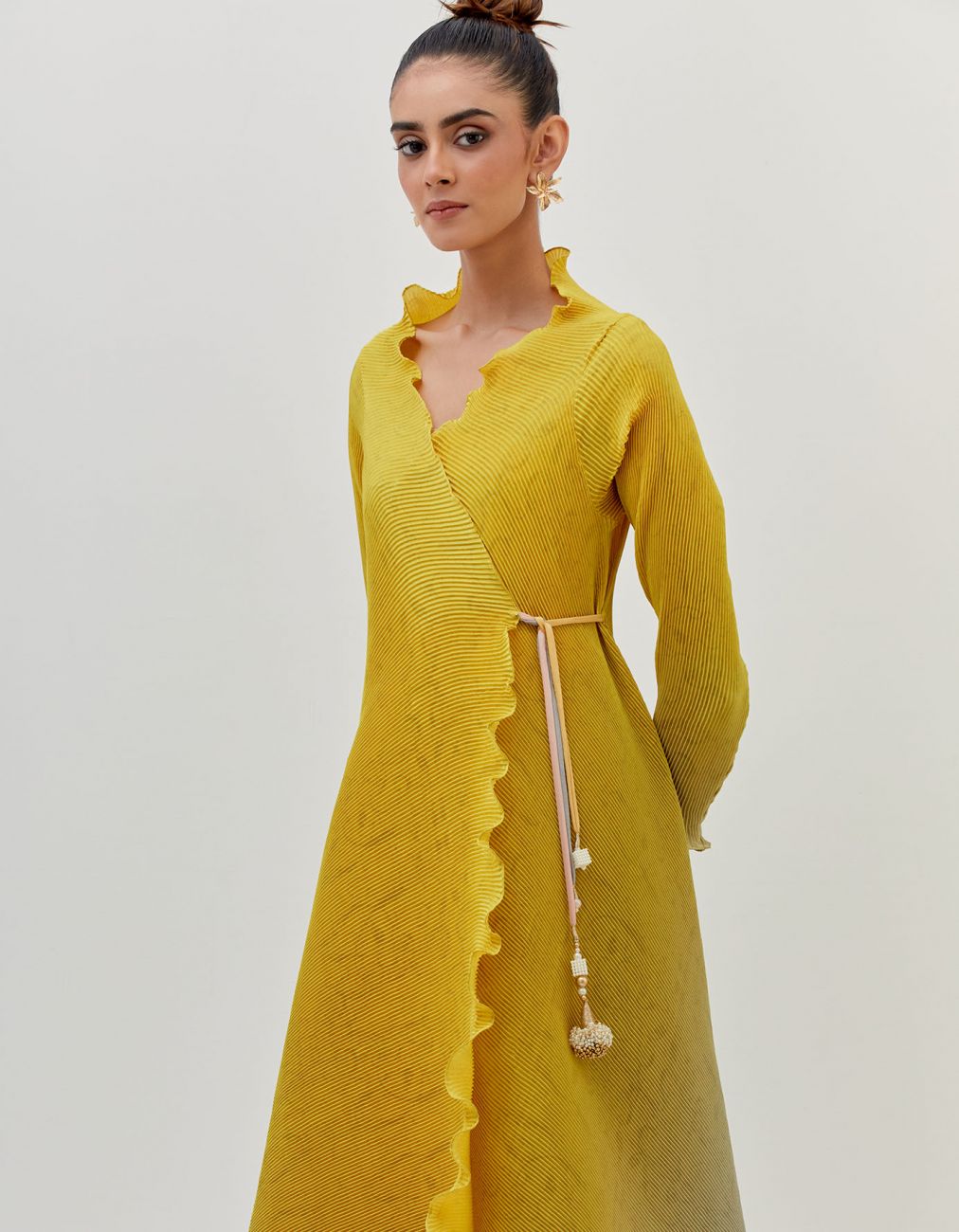 Yellow Into Grey Ombre Pleated Angarkha Kurta