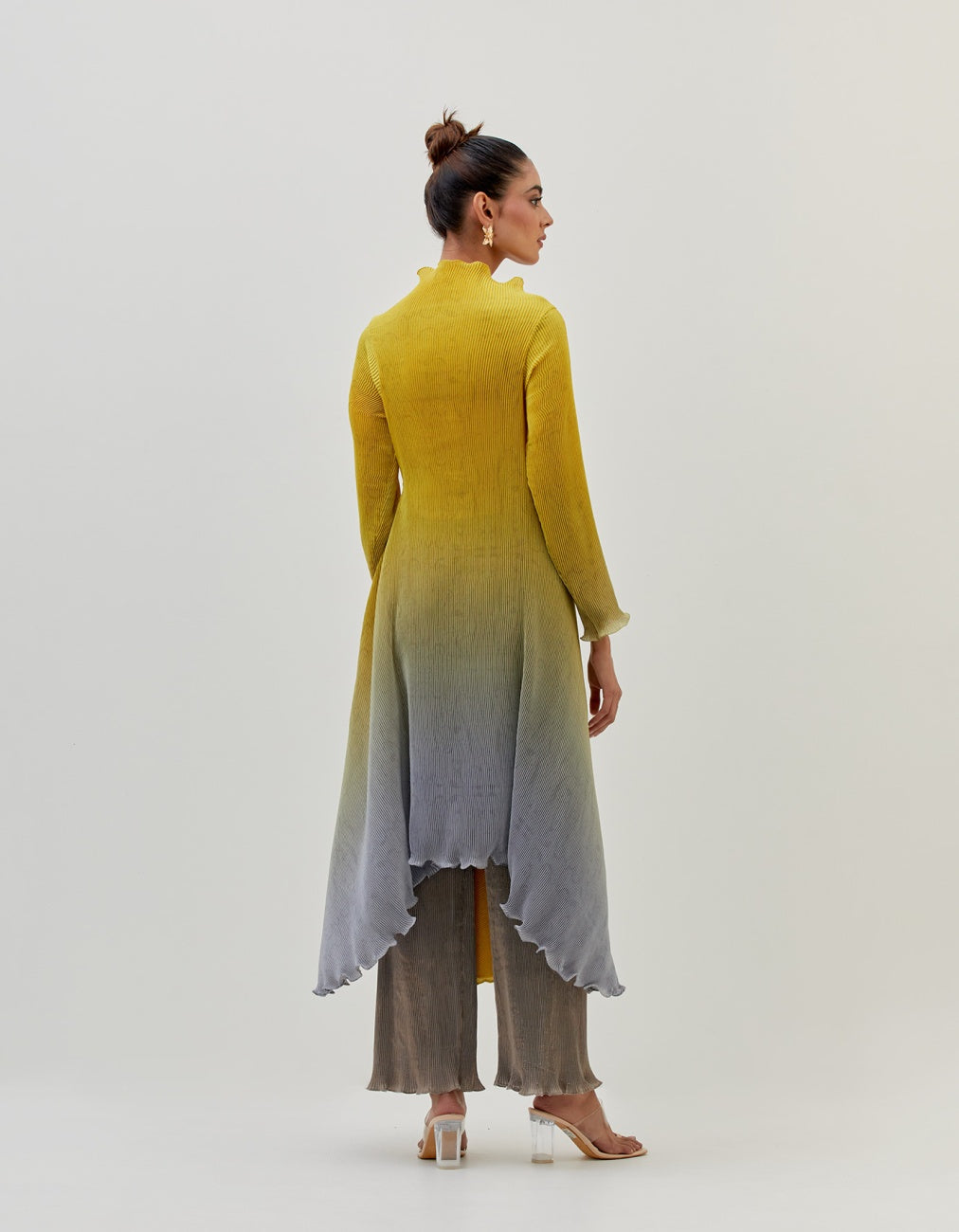 Yellow Into Grey Ombre Pleated Angarkha Kurta