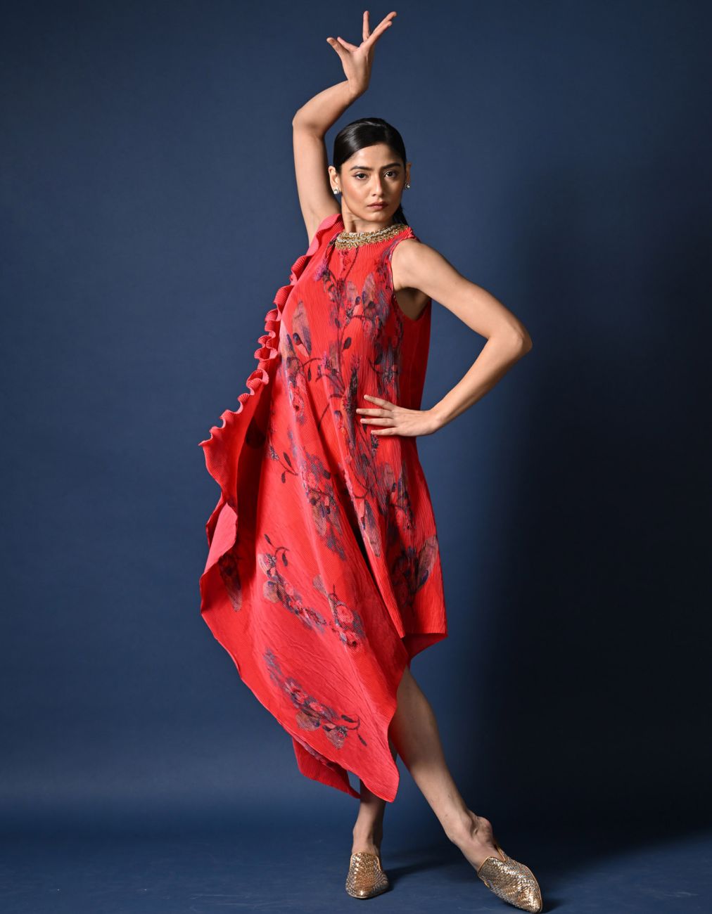 Red Frangipani Printed Drape With Embroidery